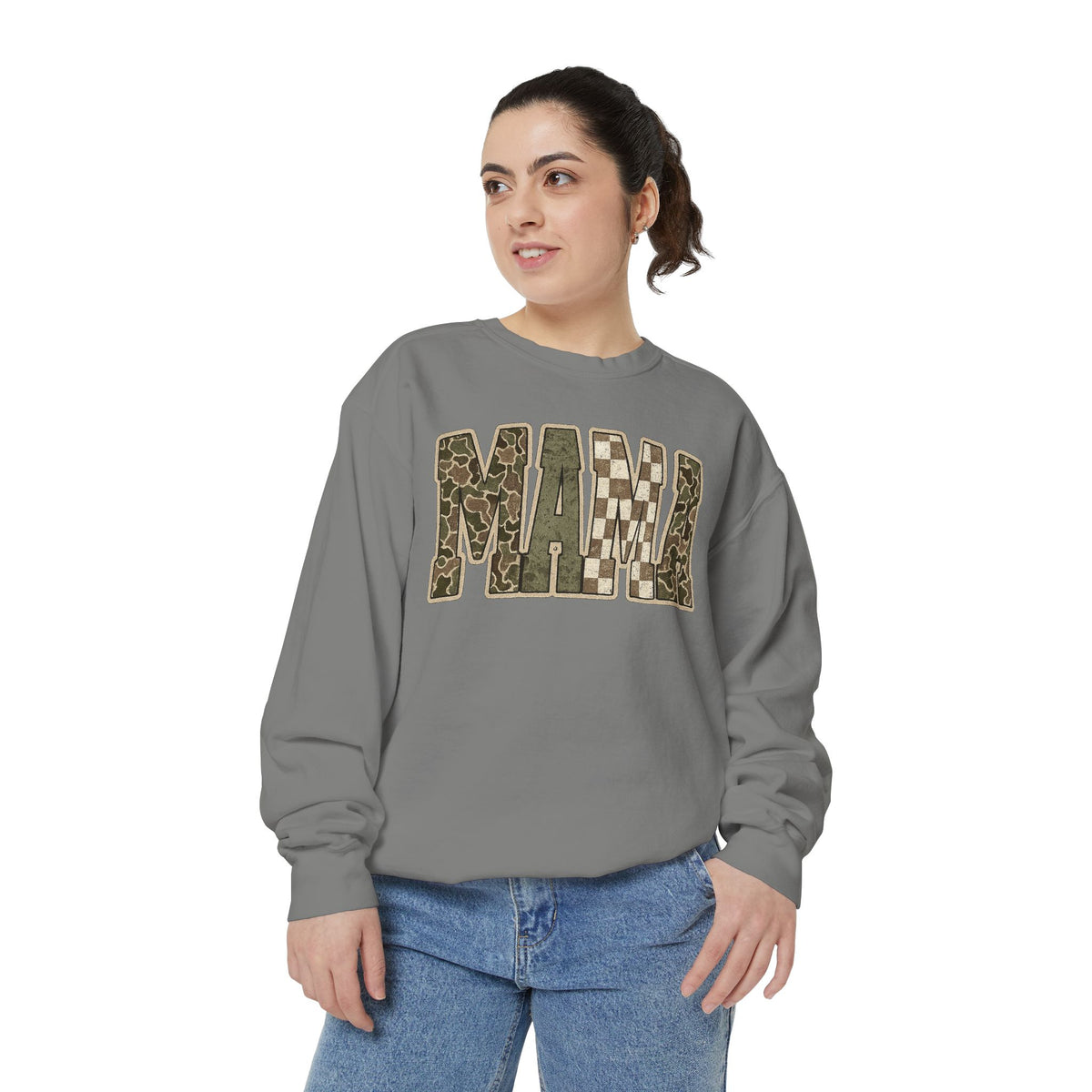 MAMA Camo Patch Sweatshirt — Women's Mama Graphic Crewneck