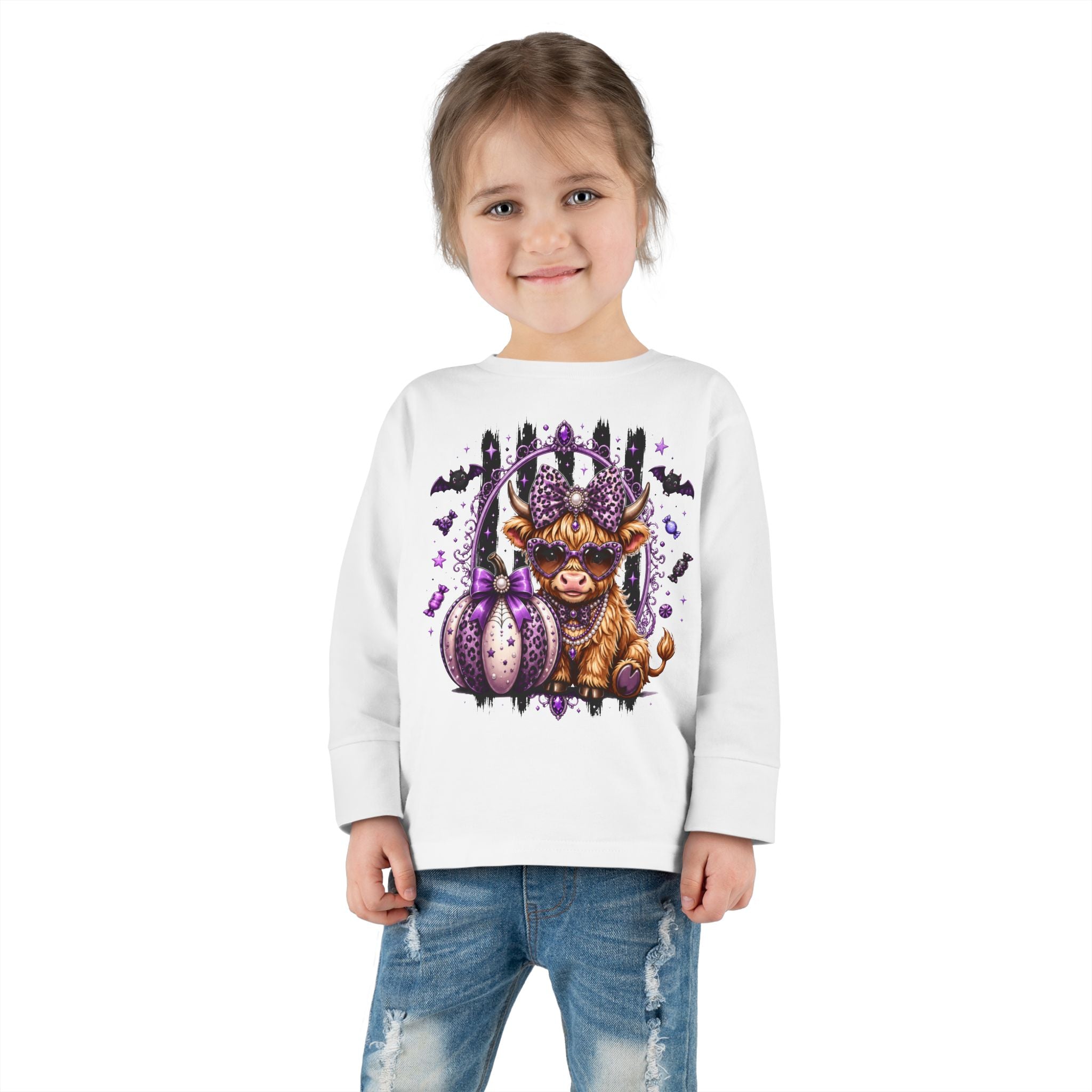 Toddler Long Sleeve Tee — Cute Highland Cow with Purple Pumpkins Halloween Shirt