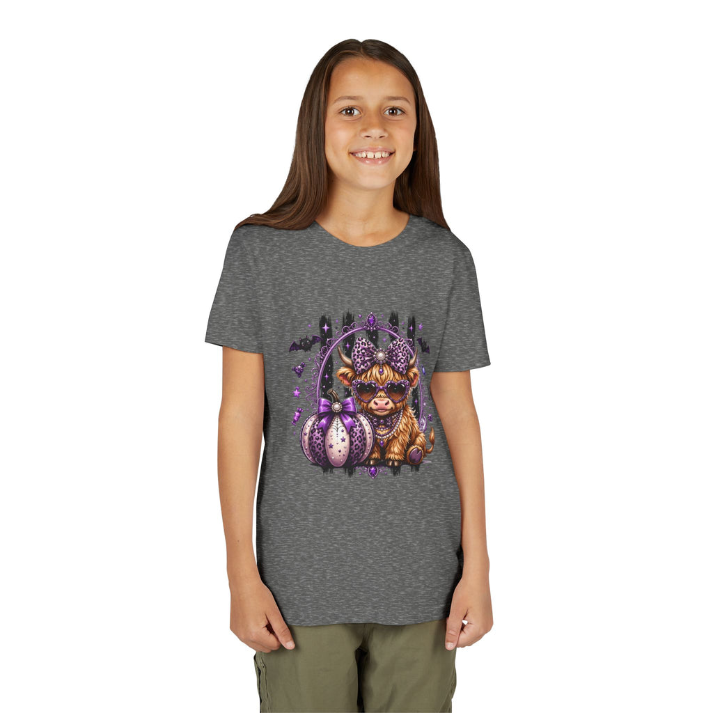 Halloween Highland Cow Youth Tee — Cute Spooky Cow with Purple Pumpkins