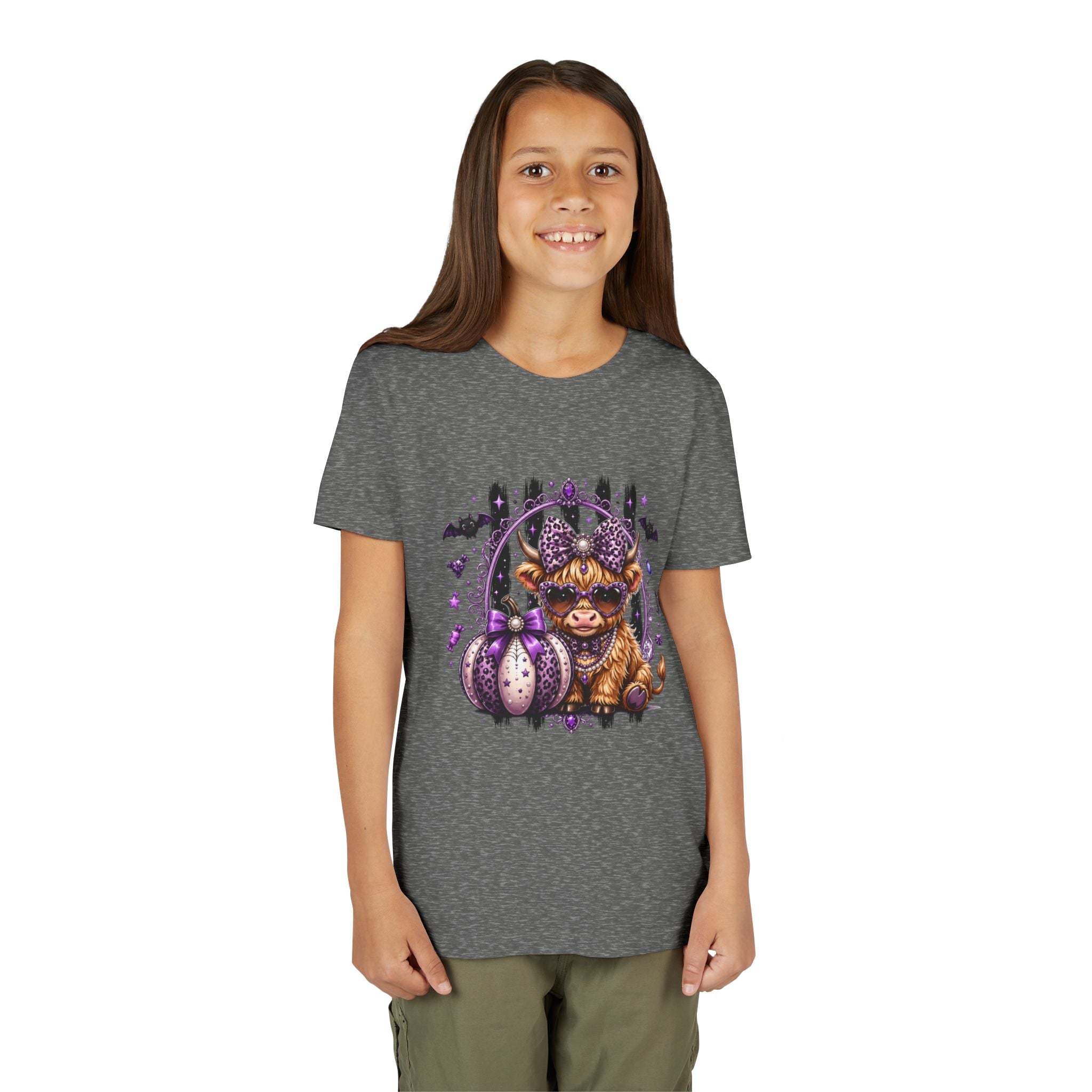 Halloween Highland Cow Youth Tee — Cute Spooky Cow with Purple Pumpkins