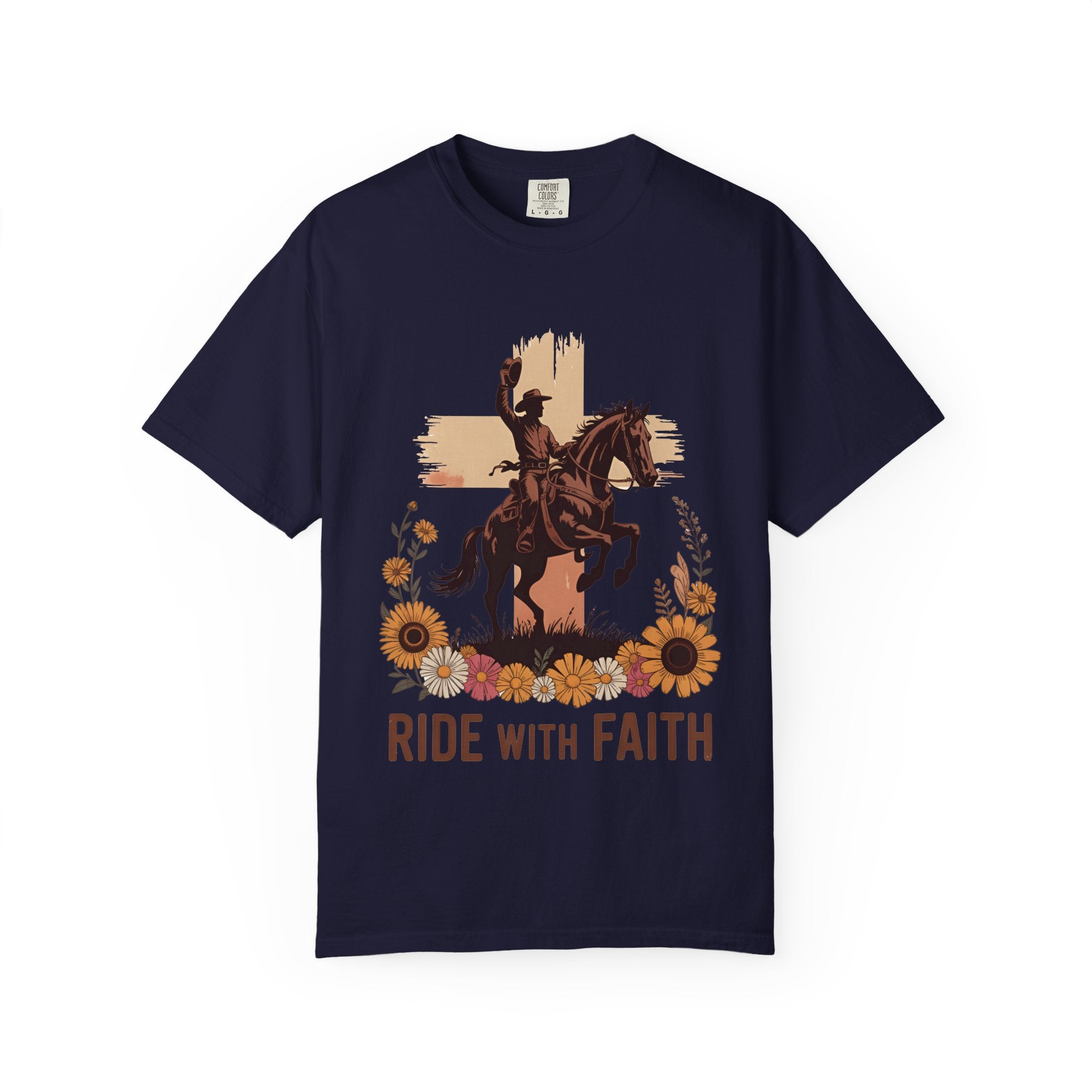 Ride With Faith Cowboy T-Shirt – Western Horse Graphic with Sunflowers