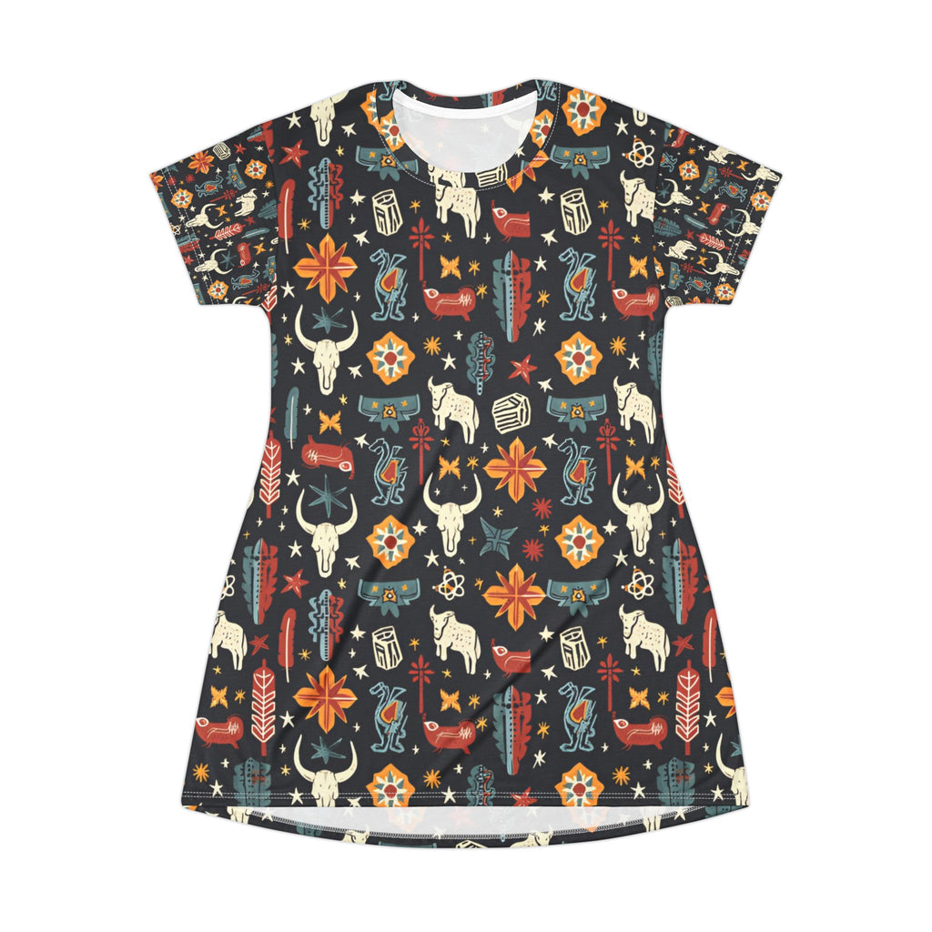 Southwest Boho T-Shirt Dress — All-Over Print Aztec Cow Skull Pattern