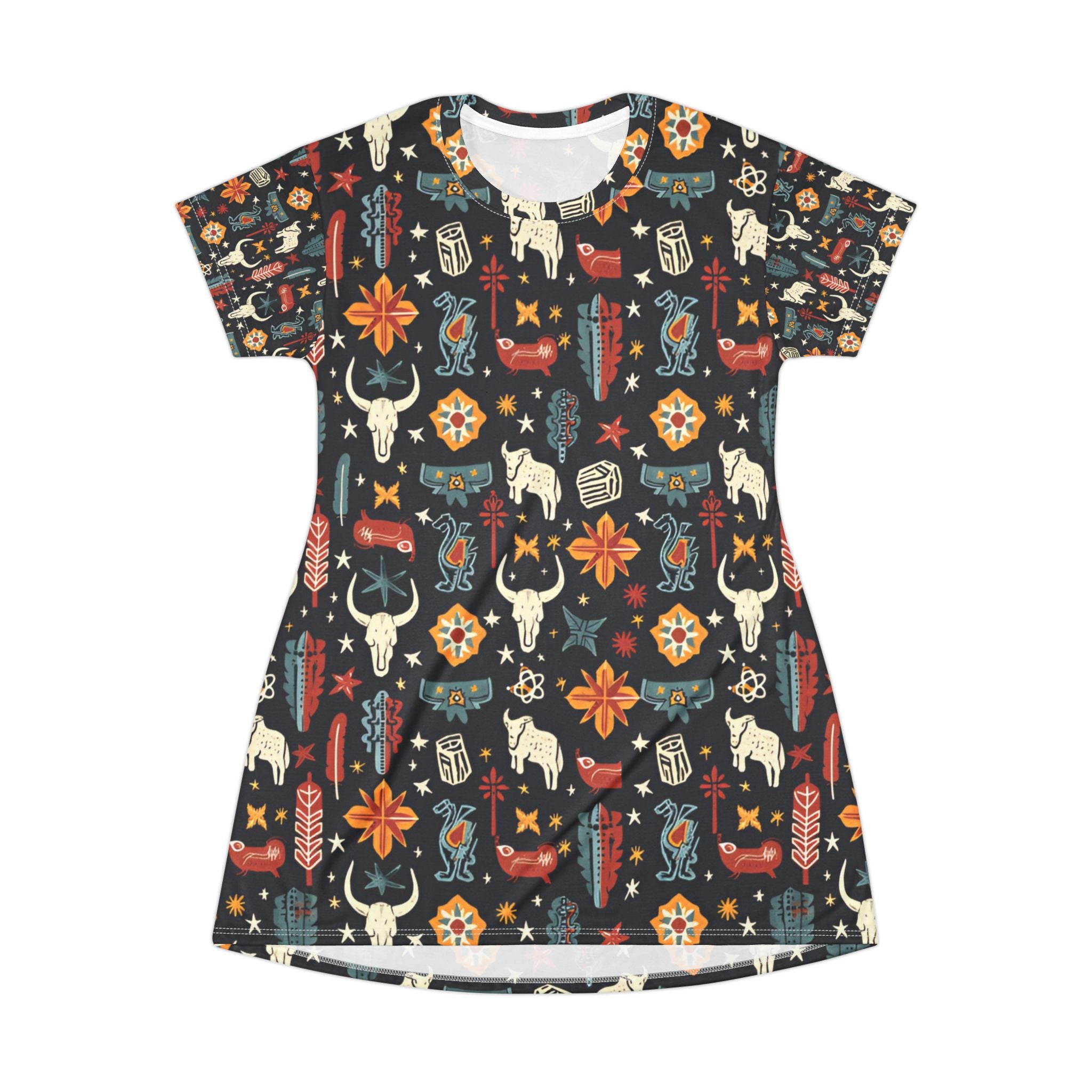 Southwest Boho T-Shirt Dress — All-Over Print Aztec Cow Skull Pattern