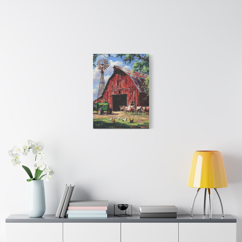Rustic Red Barn Farm Canvas Print — Country Tractor & Animals Wall Art