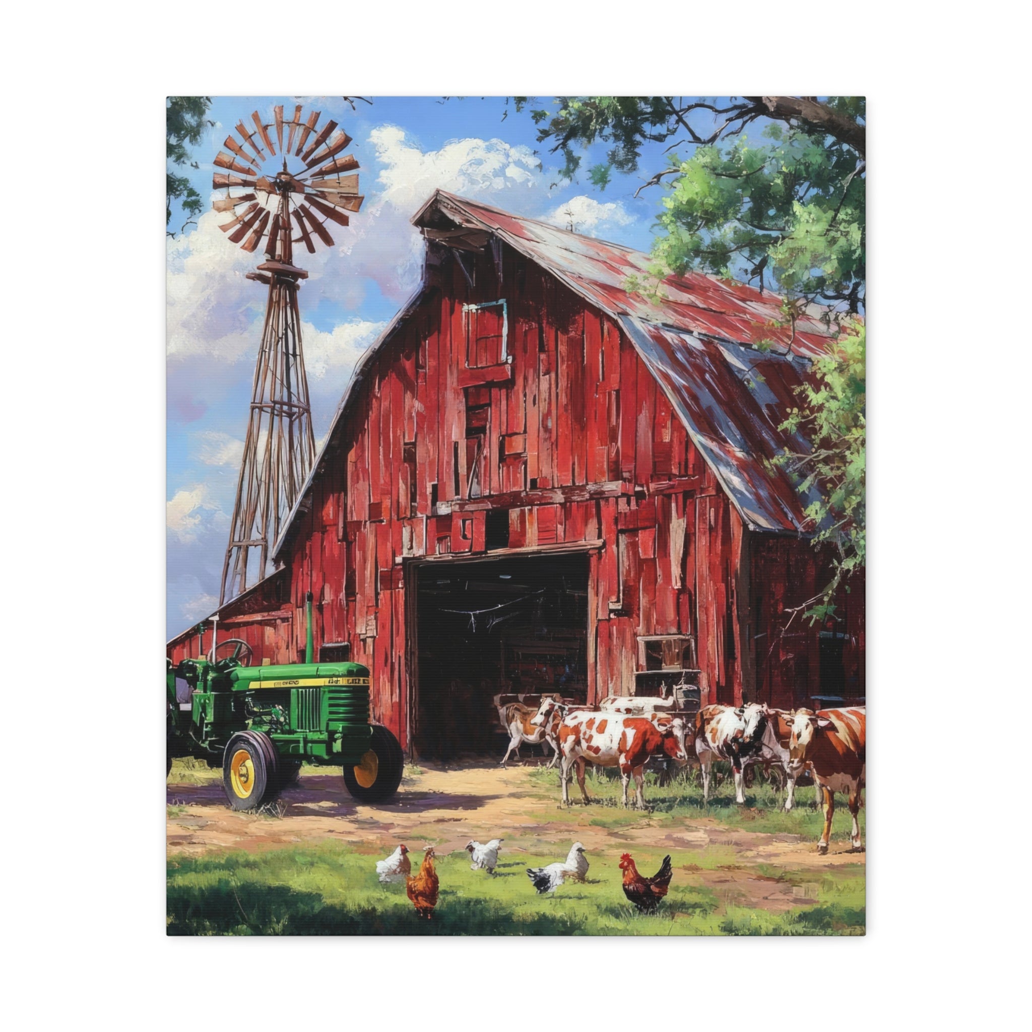 Rustic Red Barn Farm Canvas Print — Country Tractor & Animals Wall Art