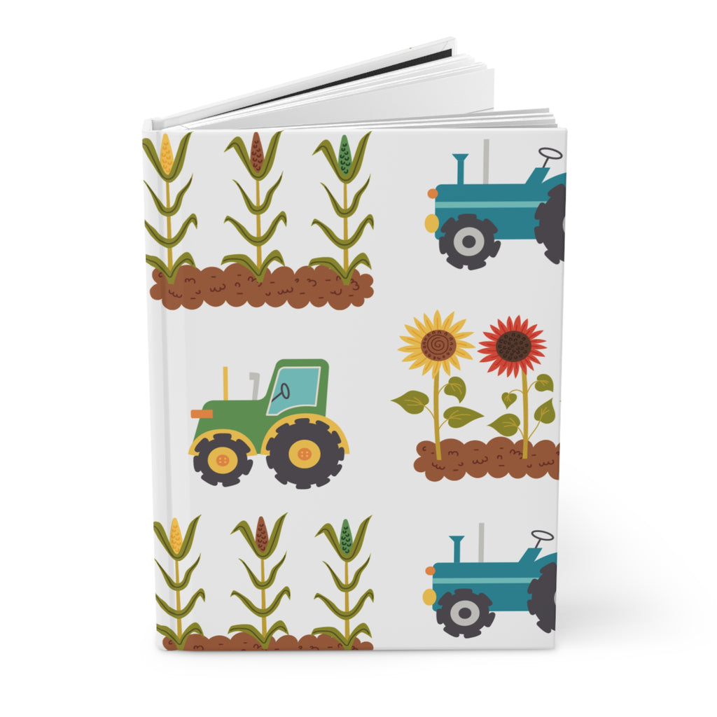 Farm Tractor Pattern Hardcover Journal — Sunflowers & Cornfield Notebook