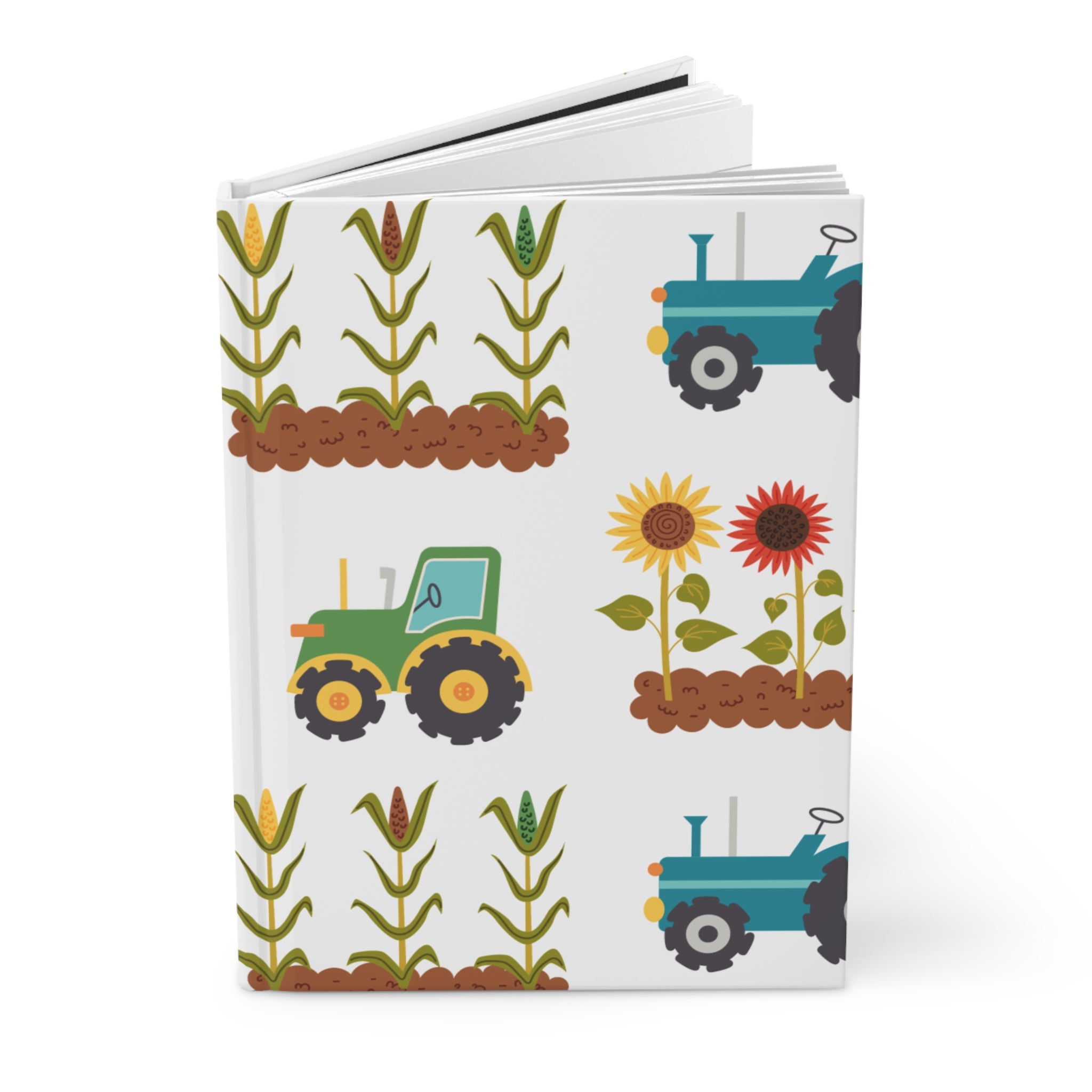 Farm Tractor Pattern Hardcover Journal — Sunflowers & Cornfield Notebook