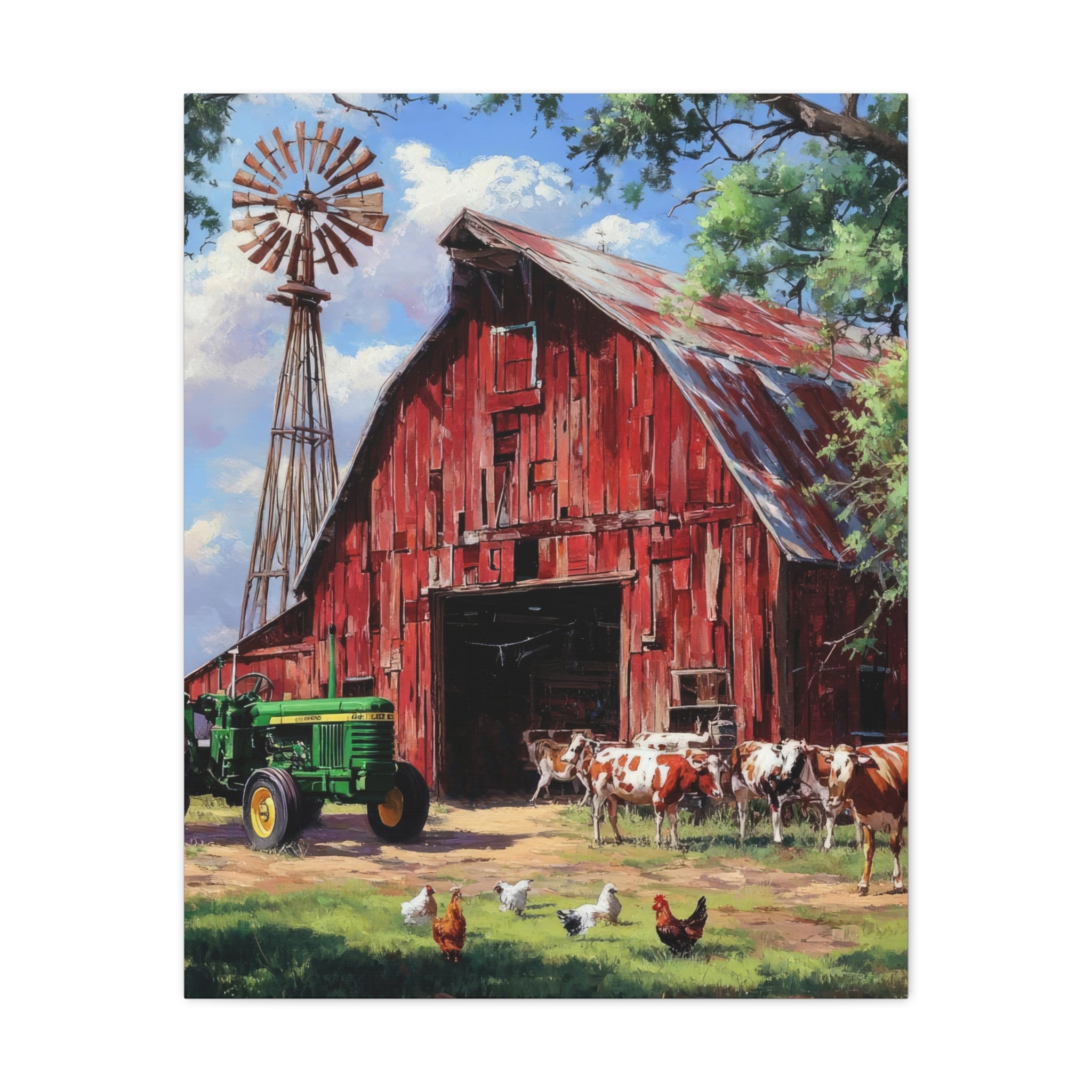 Rustic Red Barn Farm Canvas Print — Country Tractor & Animals Wall Art