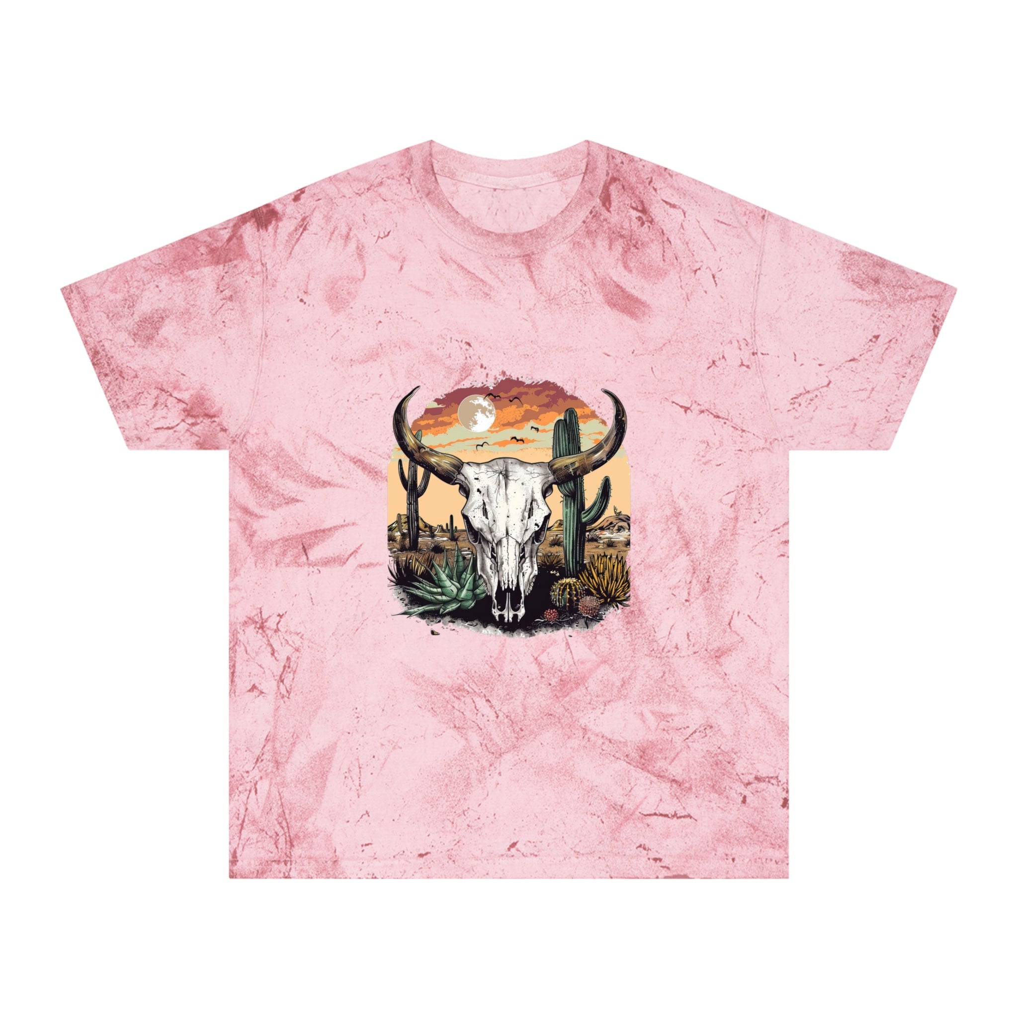 Western Skull Desert T-Shirt — Sunburst Tie-Dye Cactus Graphic