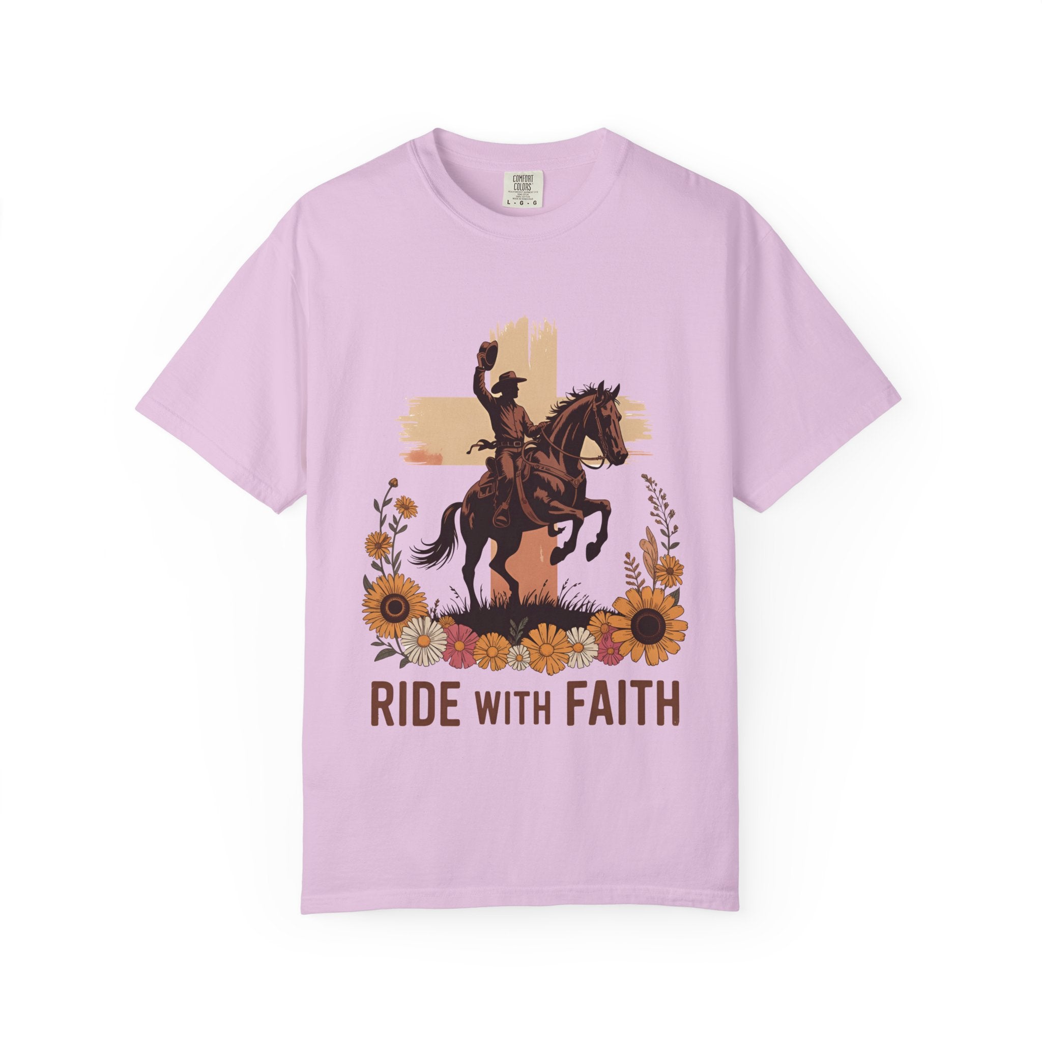 Ride With Faith Cowboy T-Shirt – Western Horse Graphic with Sunflowers