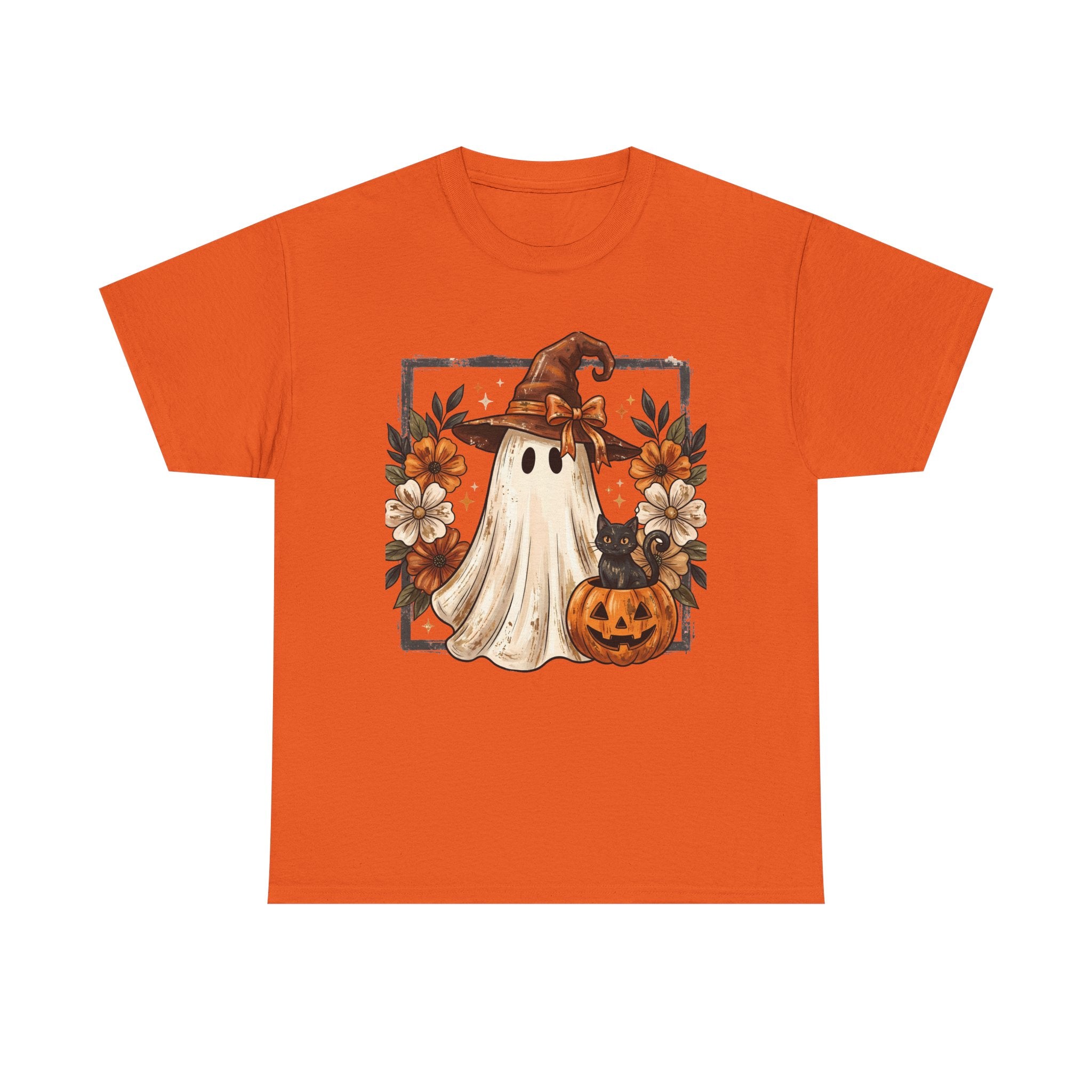 Halloween Ghost Tee — Cute Ghost in Witch Hat with Pumpkin & Flowers