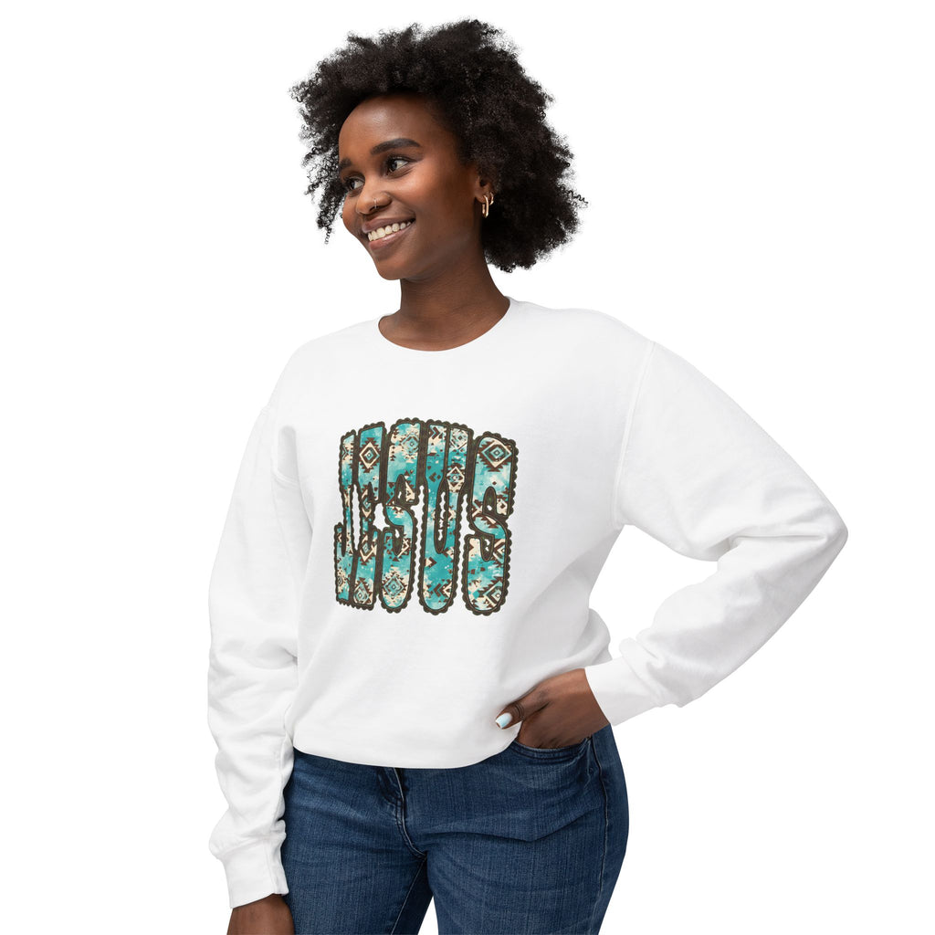 Jesus Floral Crewneck Sweatshirt — Turquoise Boho Faith Pullover