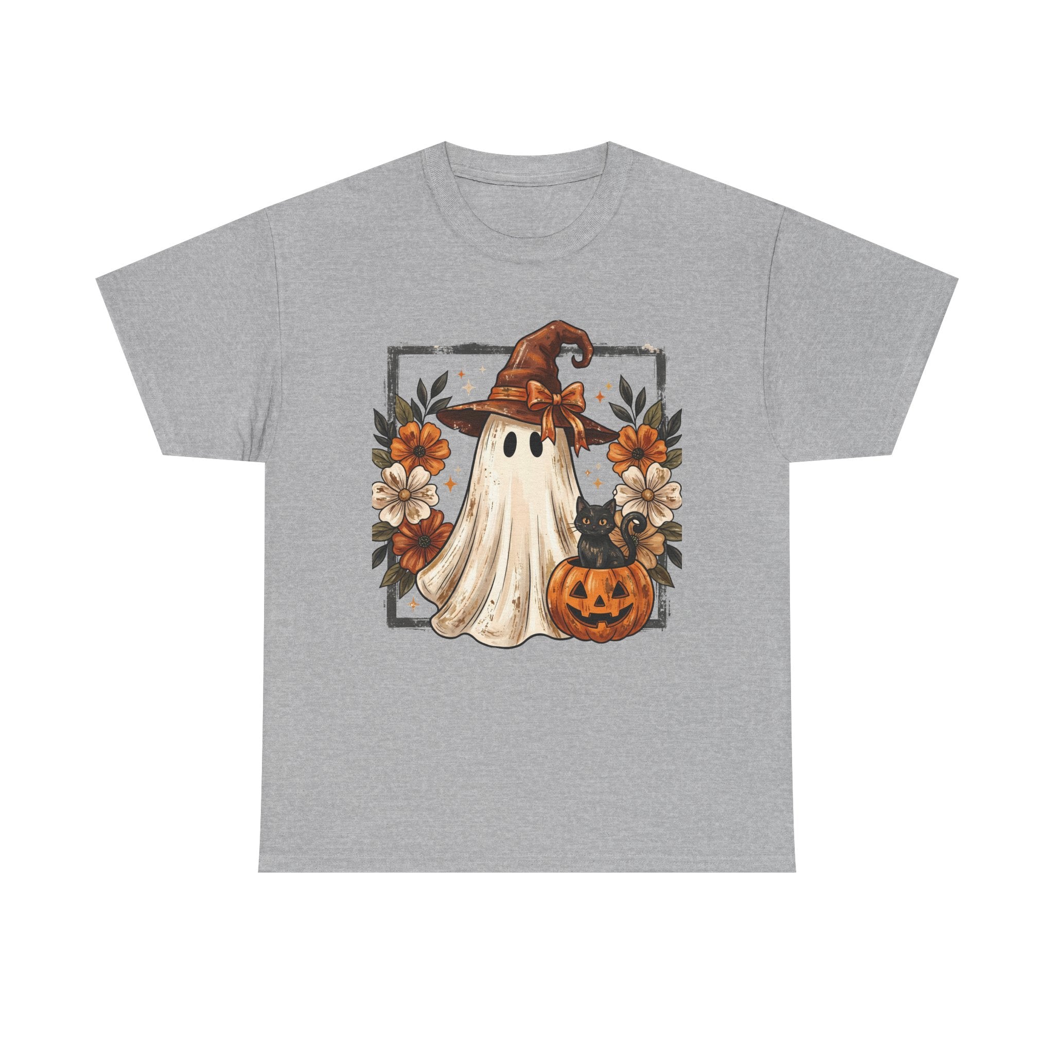 Halloween Ghost Tee — Cute Ghost in Witch Hat with Pumpkin & Flowers