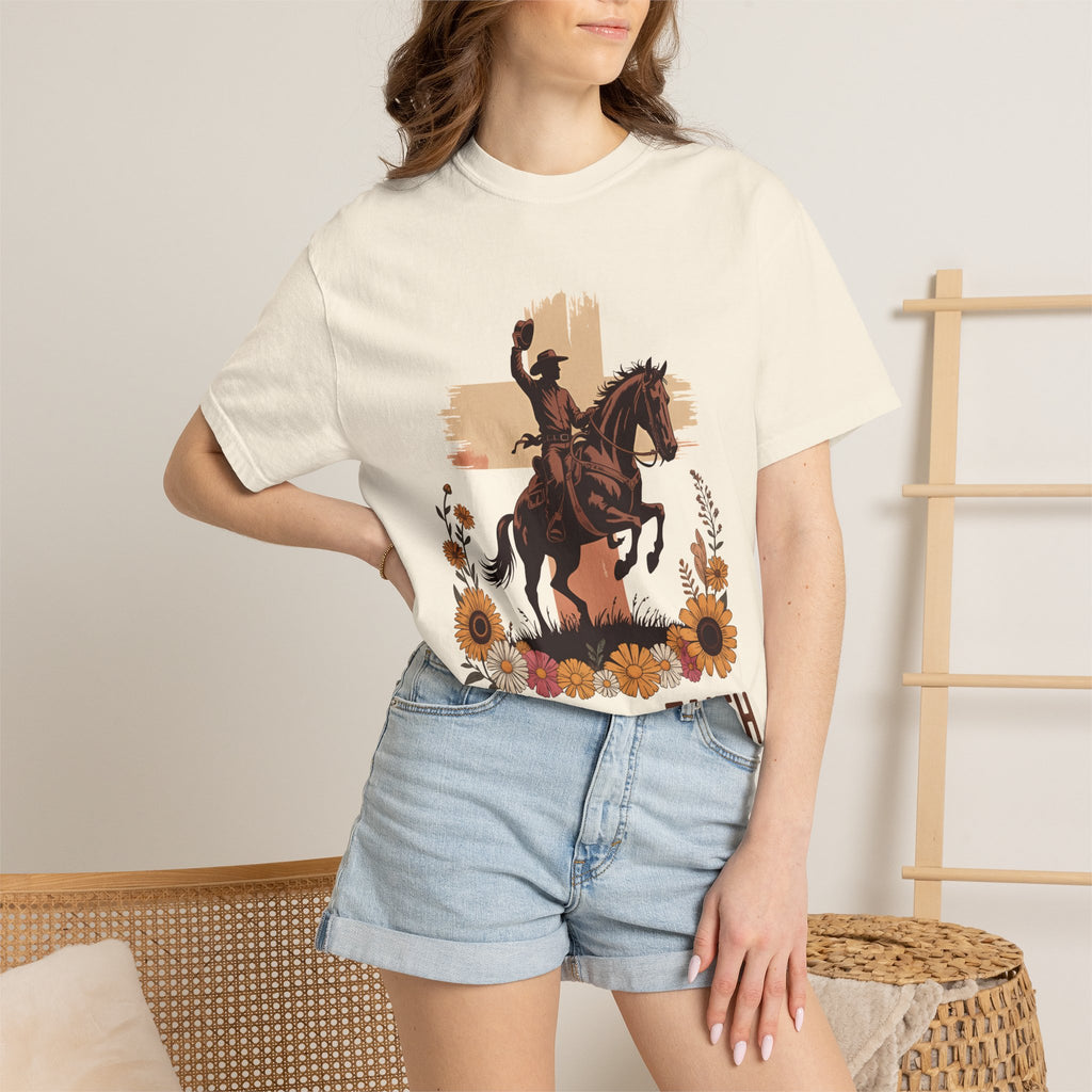 Ride With Faith Cowboy T-Shirt – Western Horse Graphic with Sunflowers