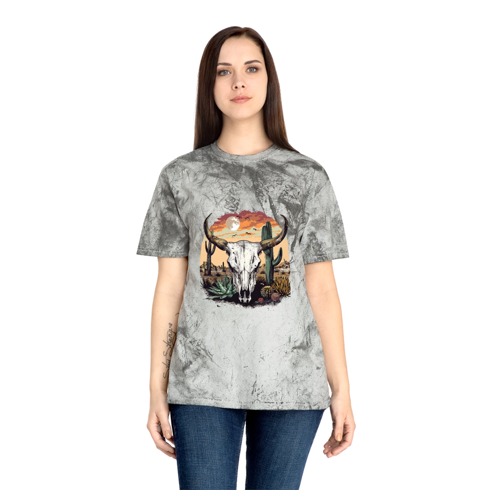 Western Skull Desert T-Shirt — Sunburst Tie-Dye Cactus Graphic