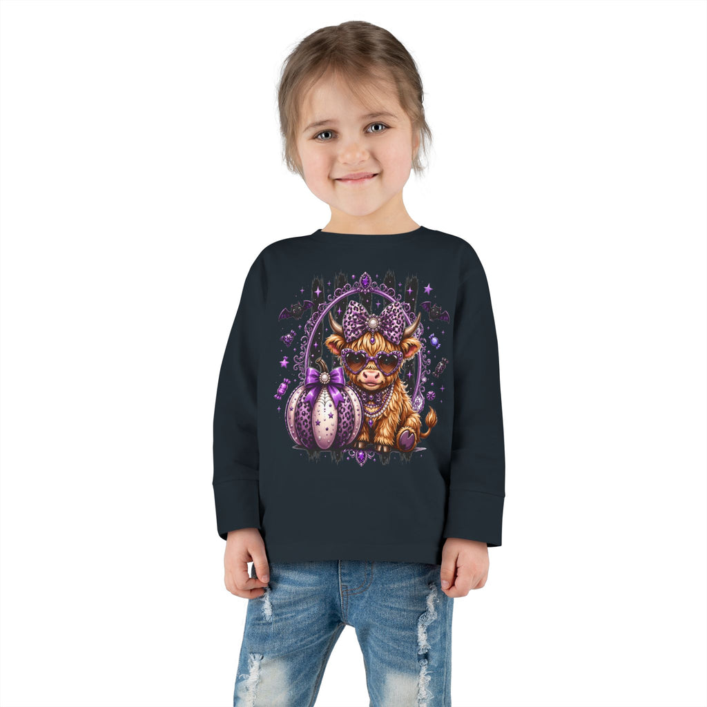 Toddler Long Sleeve Tee — Cute Highland Cow with Purple Pumpkins Halloween Shirt