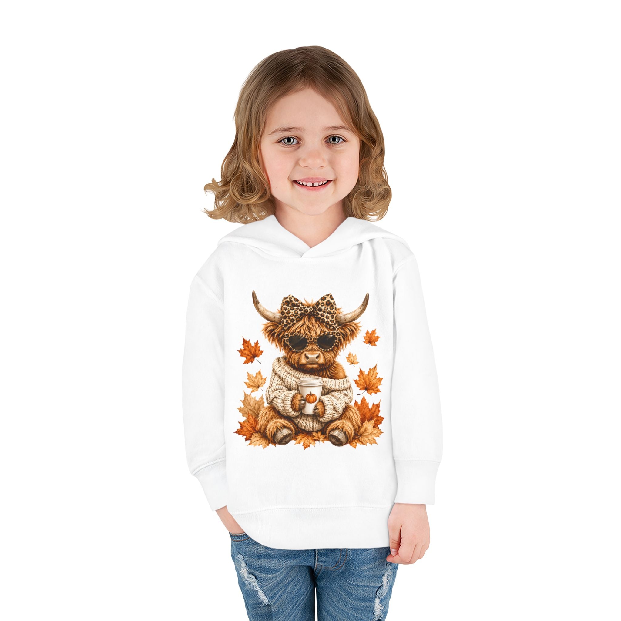 Toddler Hoodie — Autumn Highland Cow in Cozy Sweater (Fall Leaves)