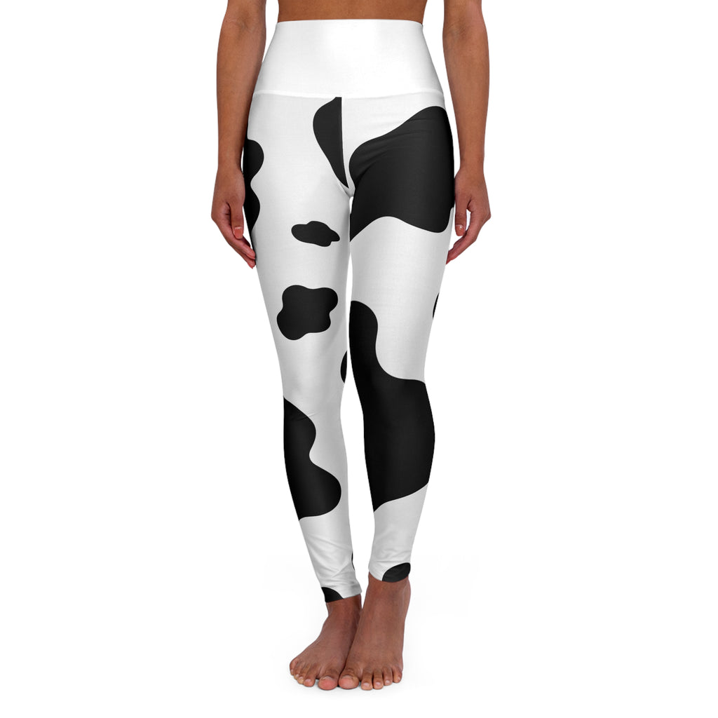 Cow Print High-Waist Yoga Leggings — Black & White All-Over Print