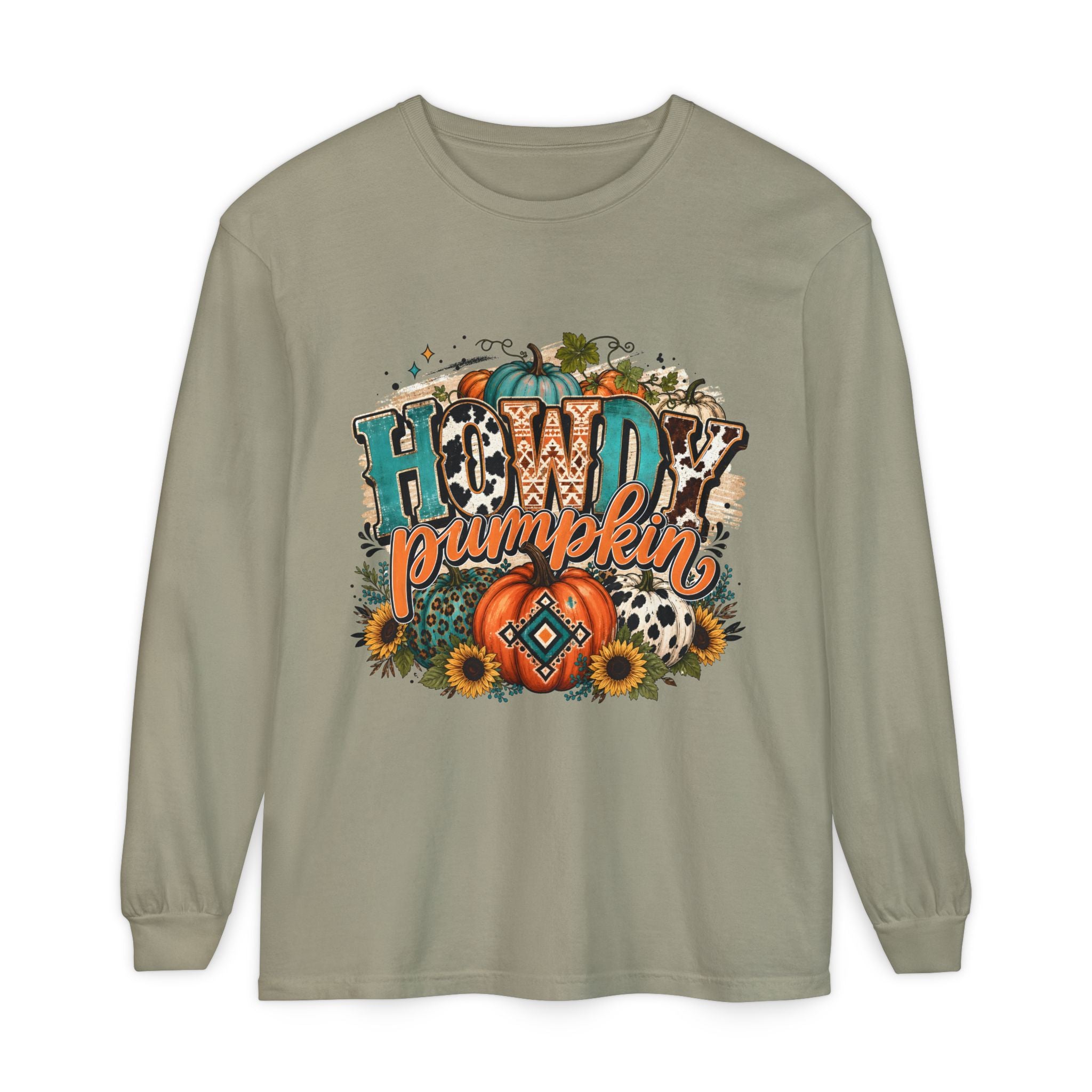 Howdy Pumpkin Long Sleeve Tee — Fall Pumpkin & Sunflower Graphic Shirt
