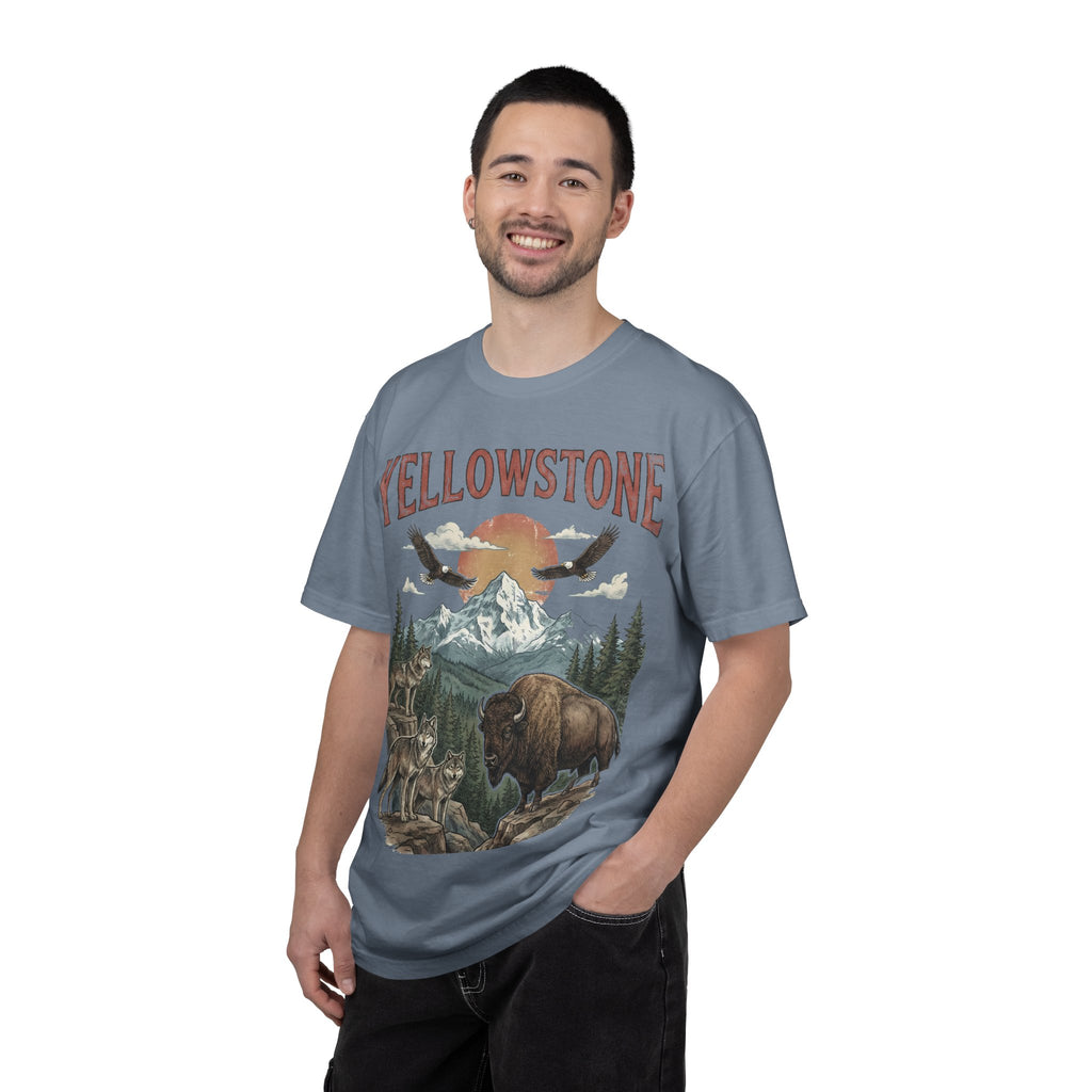 Yellowstone Wildlife Graphic T-Shirt — Vintage Bison, Wolves & Mountain Nature Tee