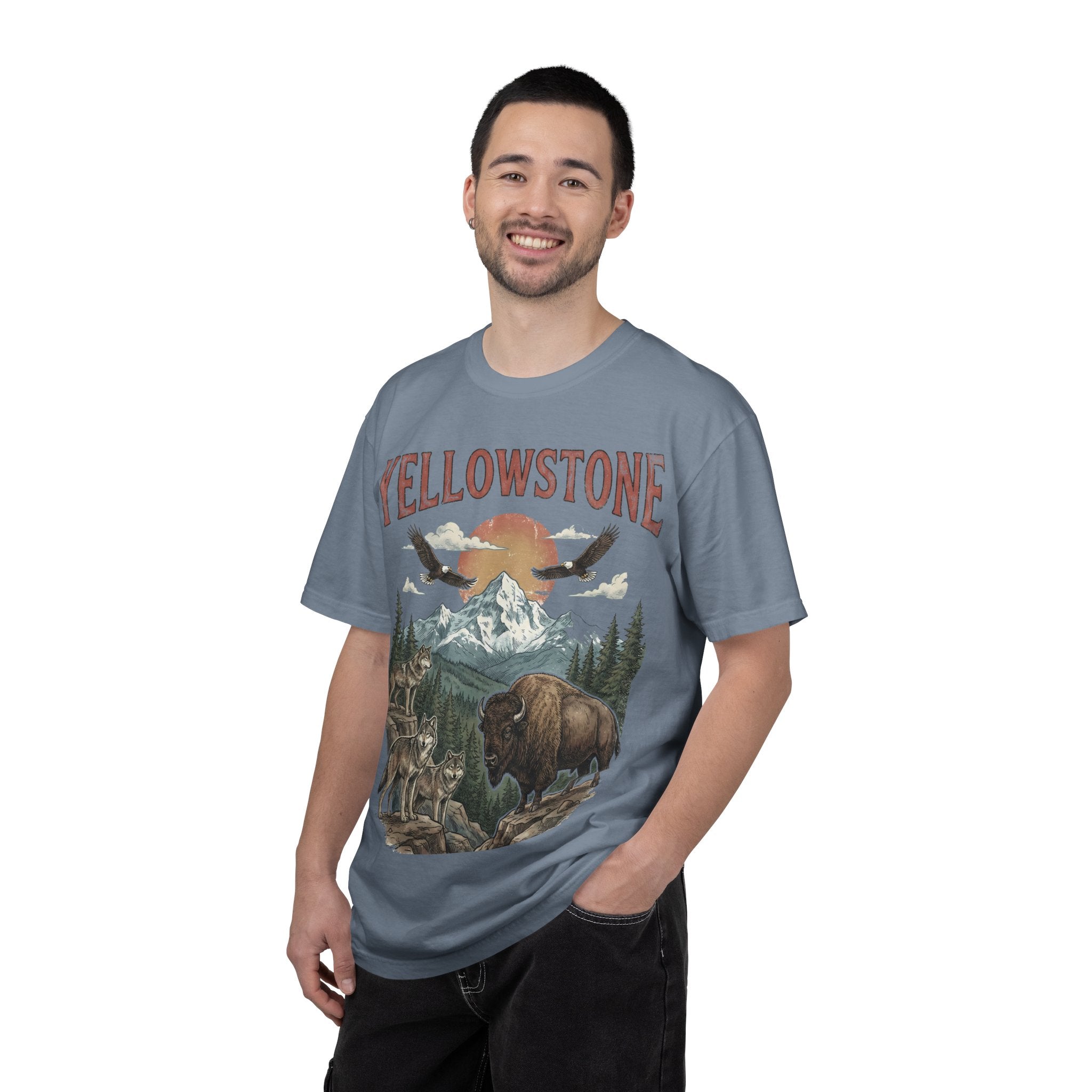 Yellowstone Wildlife Graphic T-Shirt — Vintage Bison, Wolves & Mountain Nature Tee