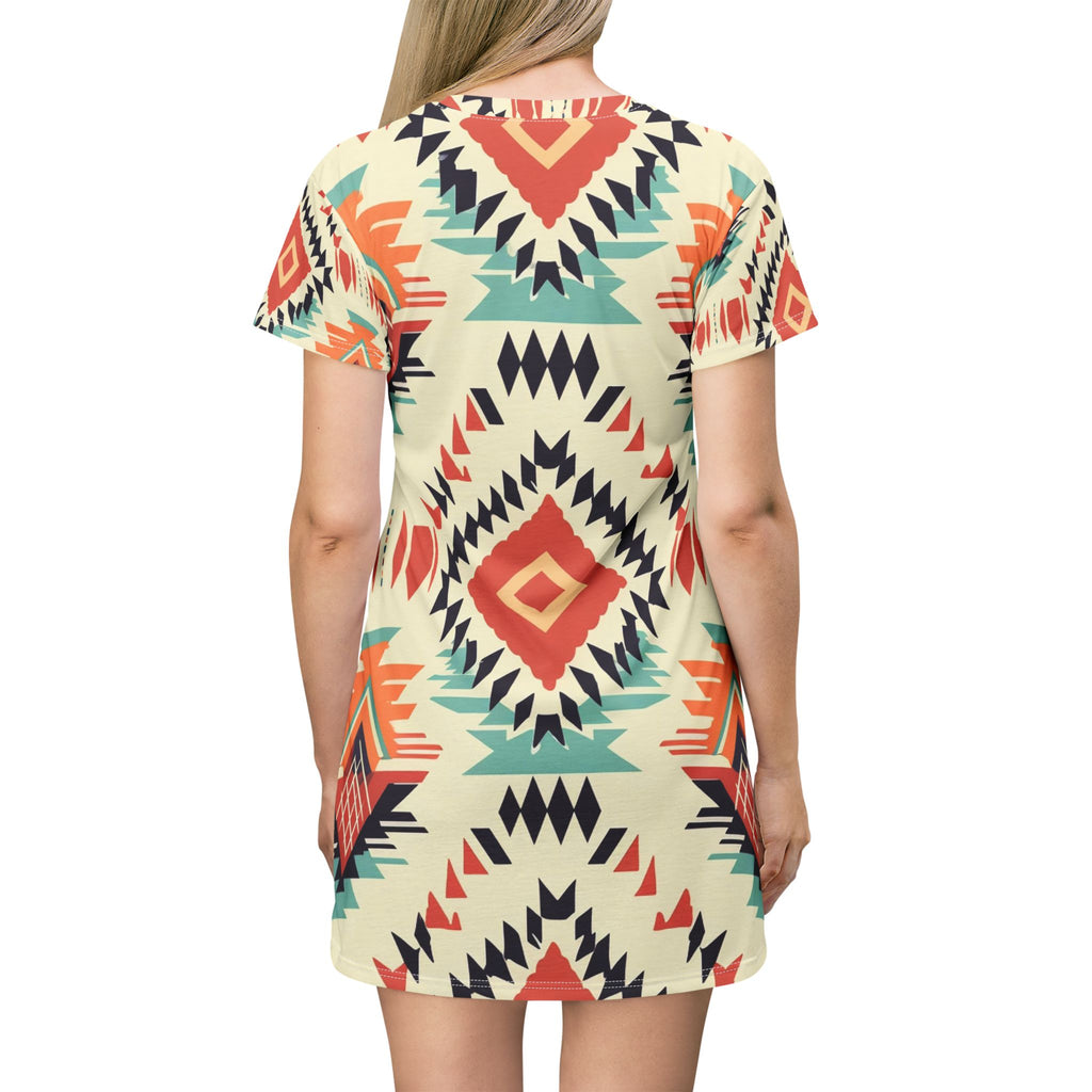Aztec Diamond All-Over Print T-Shirt Dress — Boho Tribal Pattern