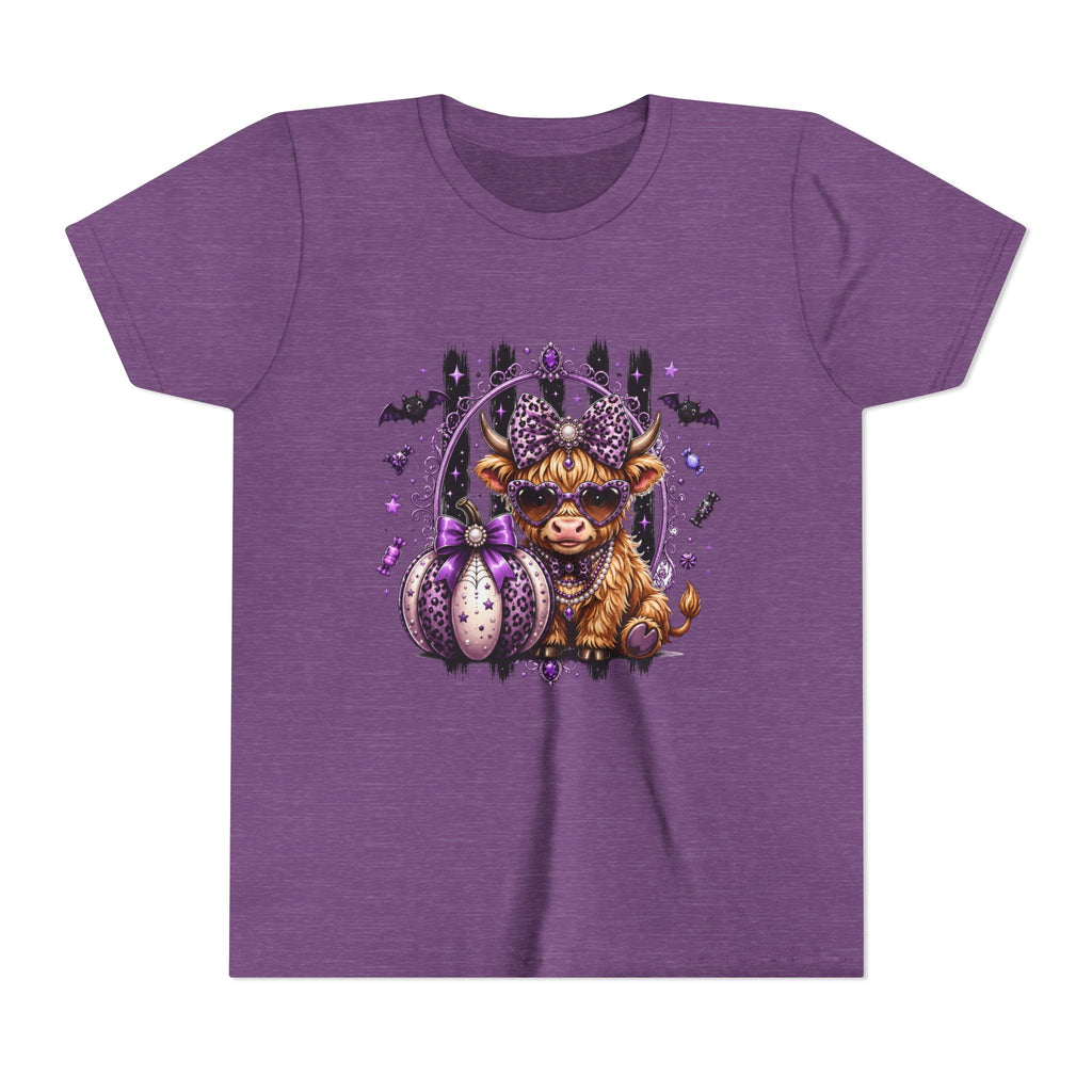Halloween Highland Cow Youth Tee — Cute Spooky Cow with Purple Pumpkins