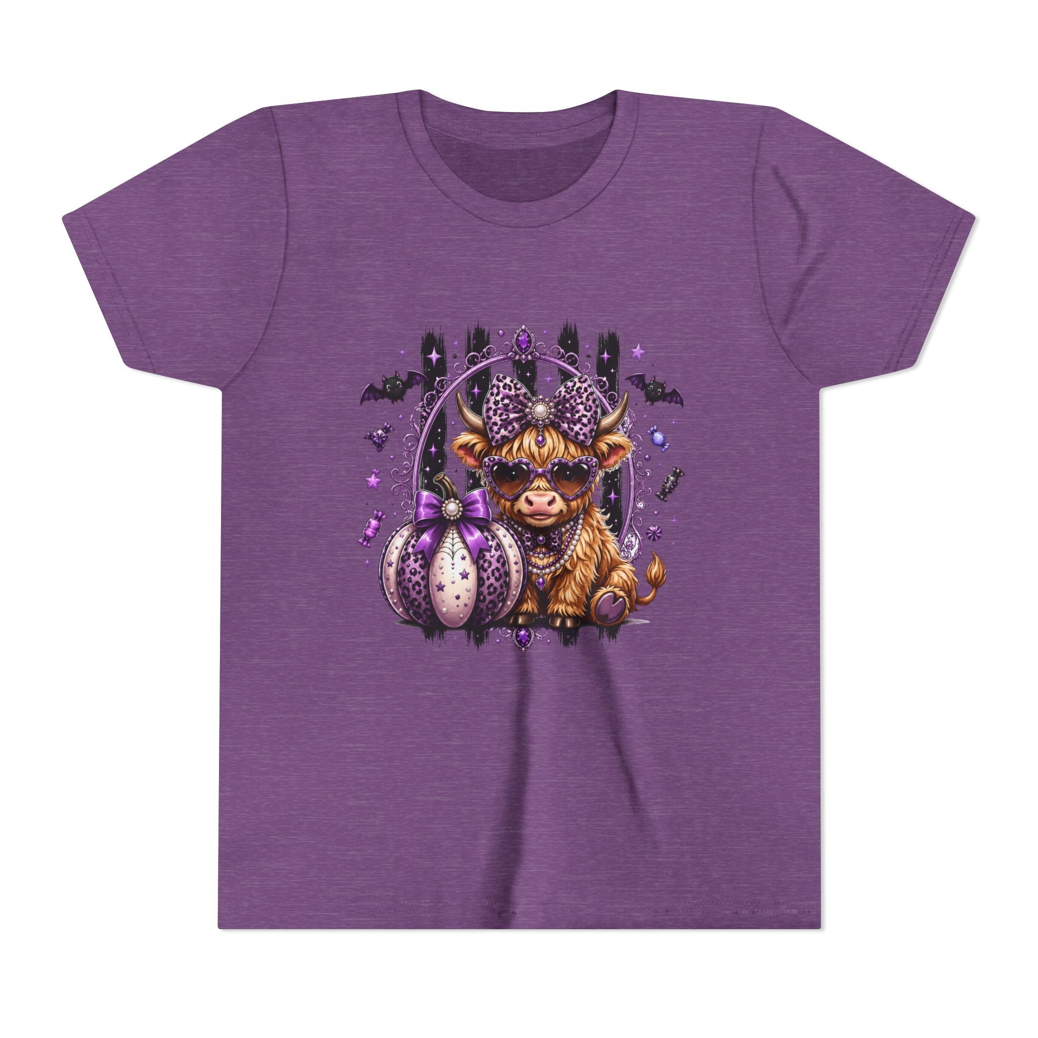 Halloween Highland Cow Youth Tee — Cute Spooky Cow with Purple Pumpkins