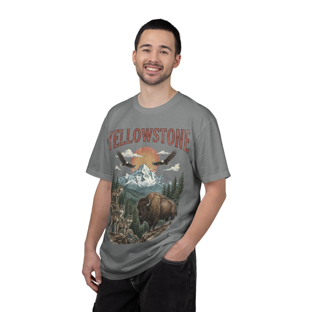 Yellowstone Wildlife Graphic T-Shirt — Vintage Bison, Wolves & Mountain Nature Tee