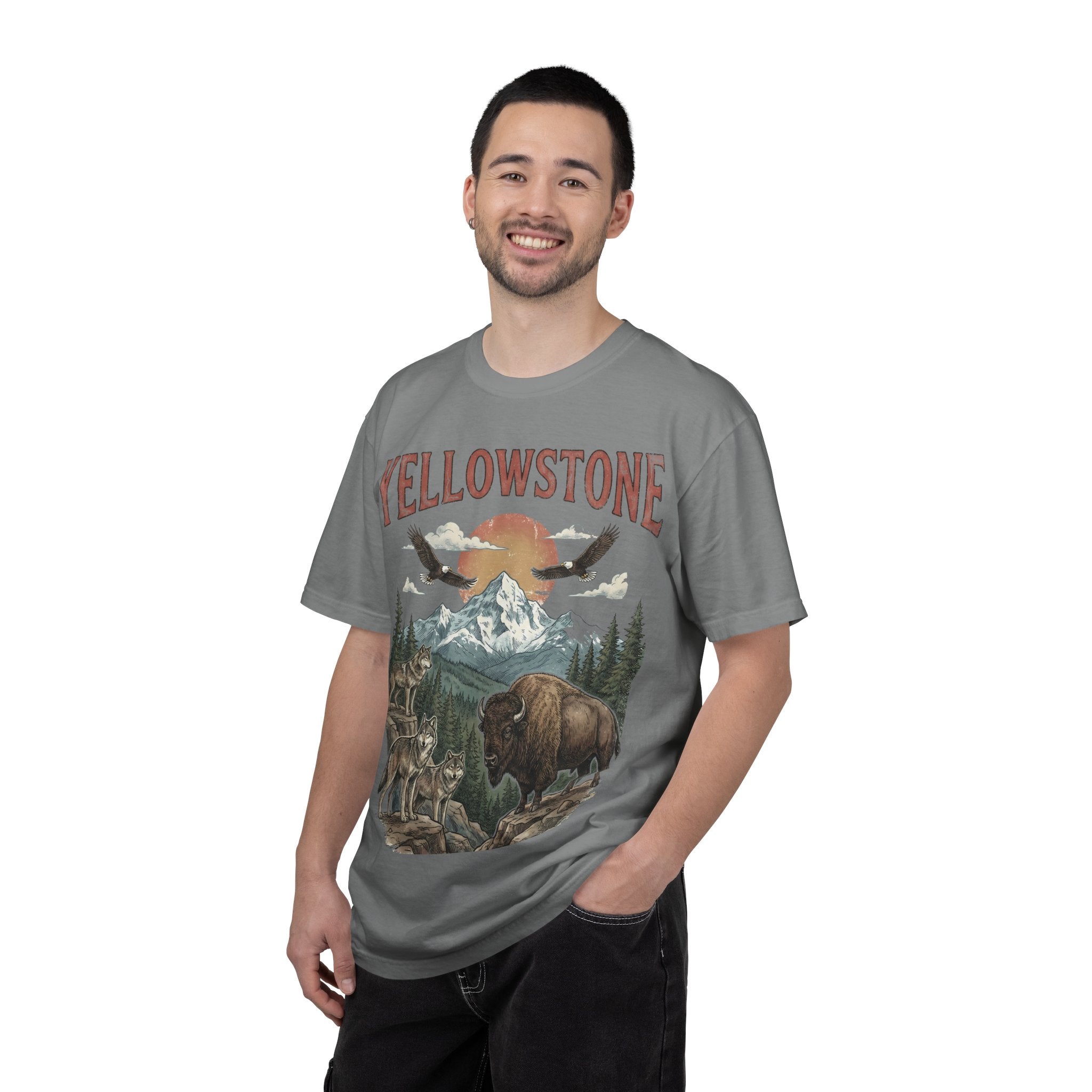 Yellowstone Wildlife Graphic T-Shirt — Vintage Bison, Wolves & Mountain Nature Tee
