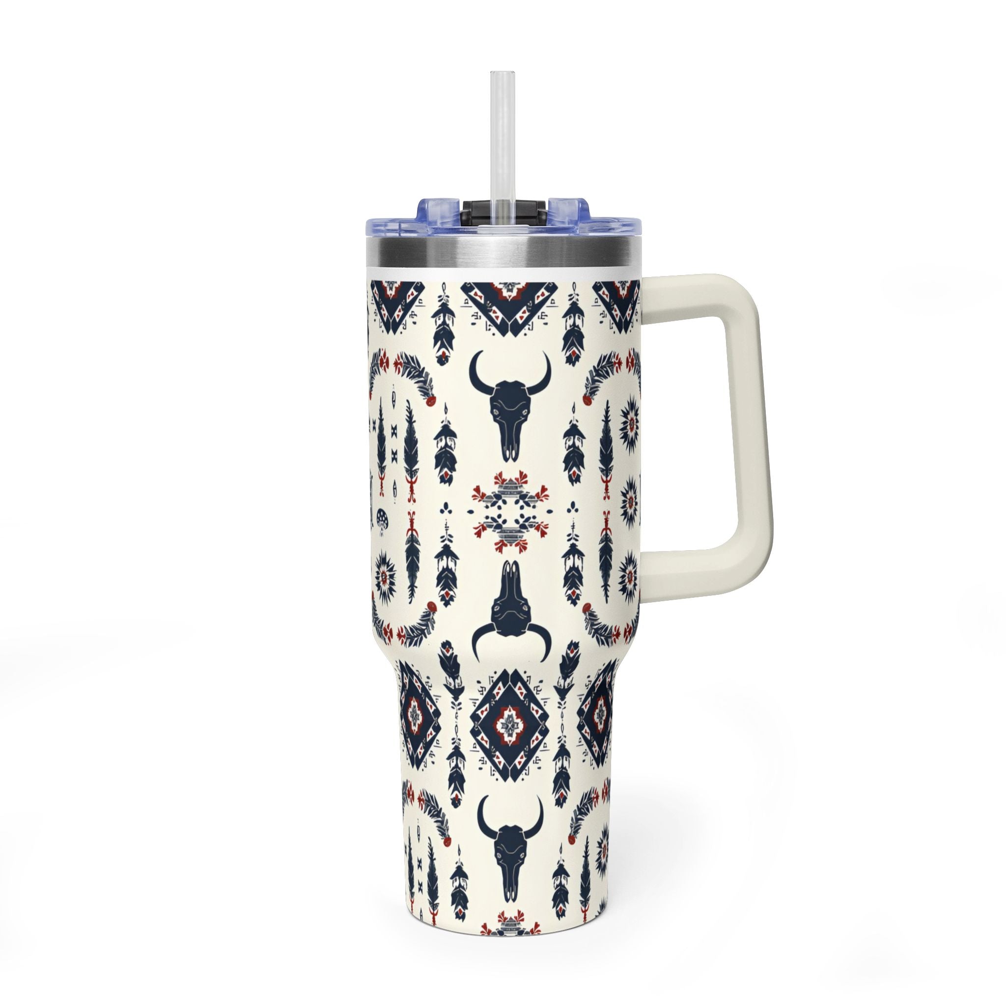 40oz Western Aztec Tumbler - Vacuum Insulated Travel Mug with Bull Skull Pattern