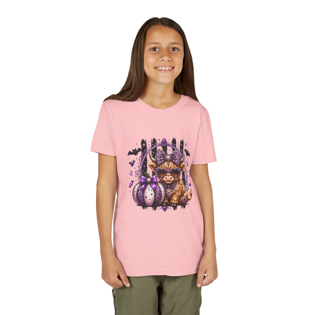 Halloween Highland Cow Youth Tee — Cute Spooky Cow with Purple Pumpkins