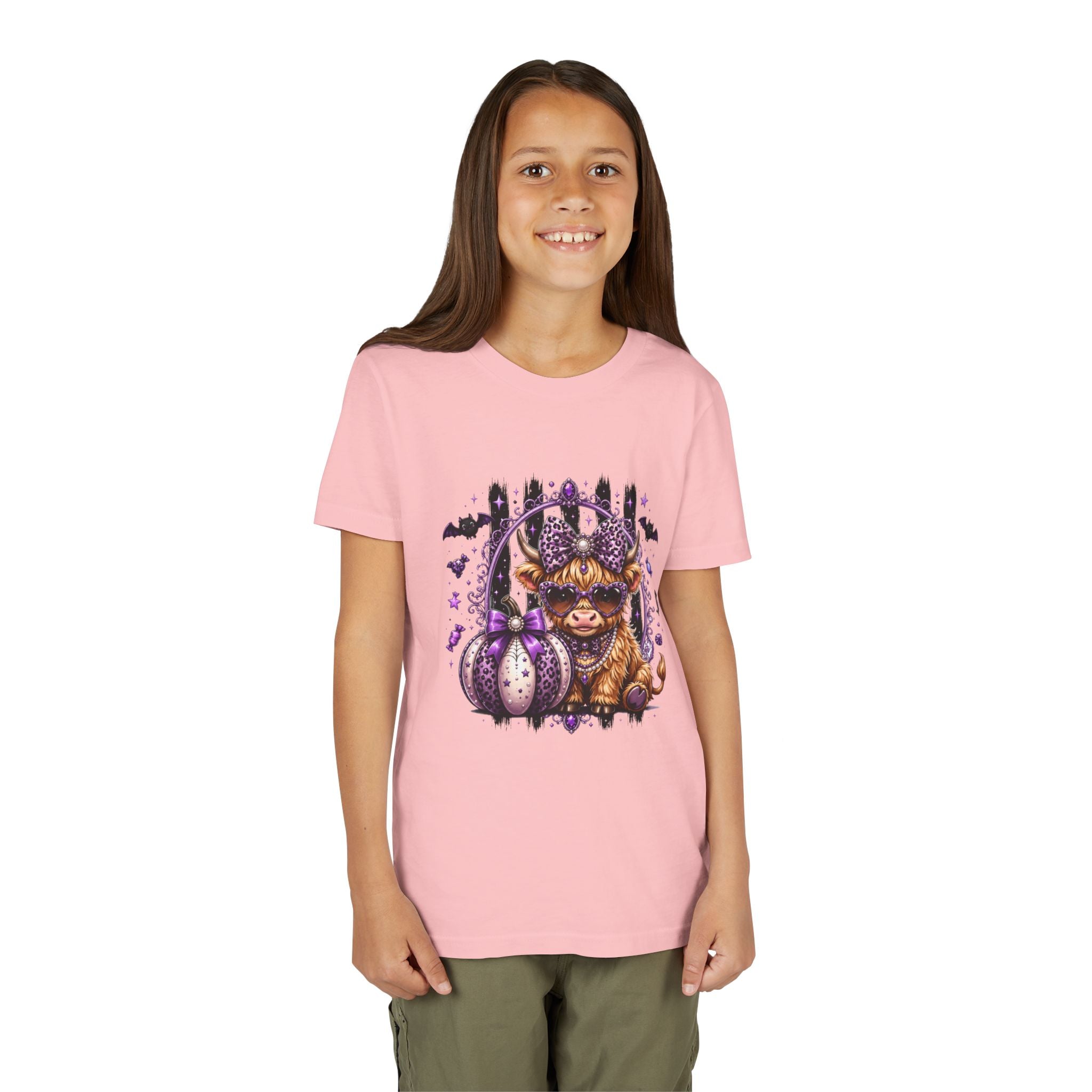 Halloween Highland Cow Youth Tee — Cute Spooky Cow with Purple Pumpkins