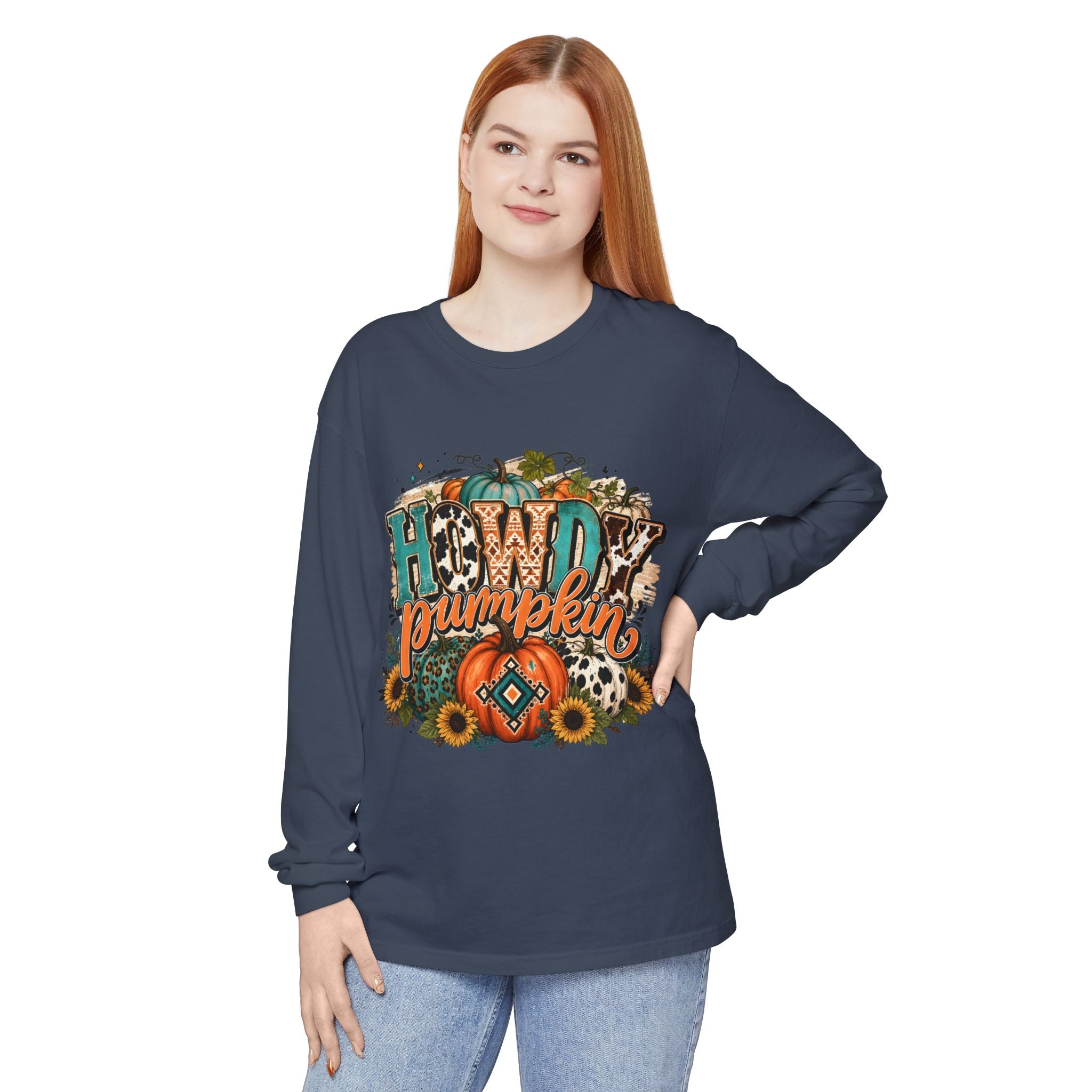 Howdy Pumpkin Long Sleeve Tee — Fall Pumpkin & Sunflower Graphic Shirt