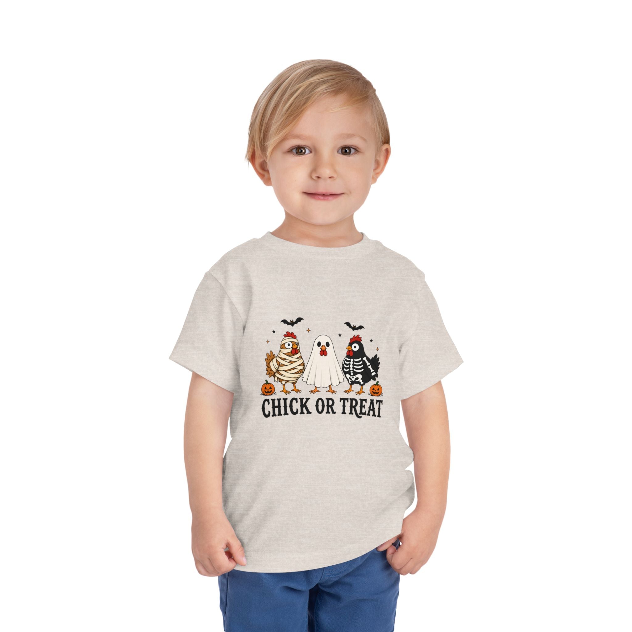 Toddler Halloween Tee - "Chick or Treat" Cute Costume Chick, Ghost & Skeleton Design