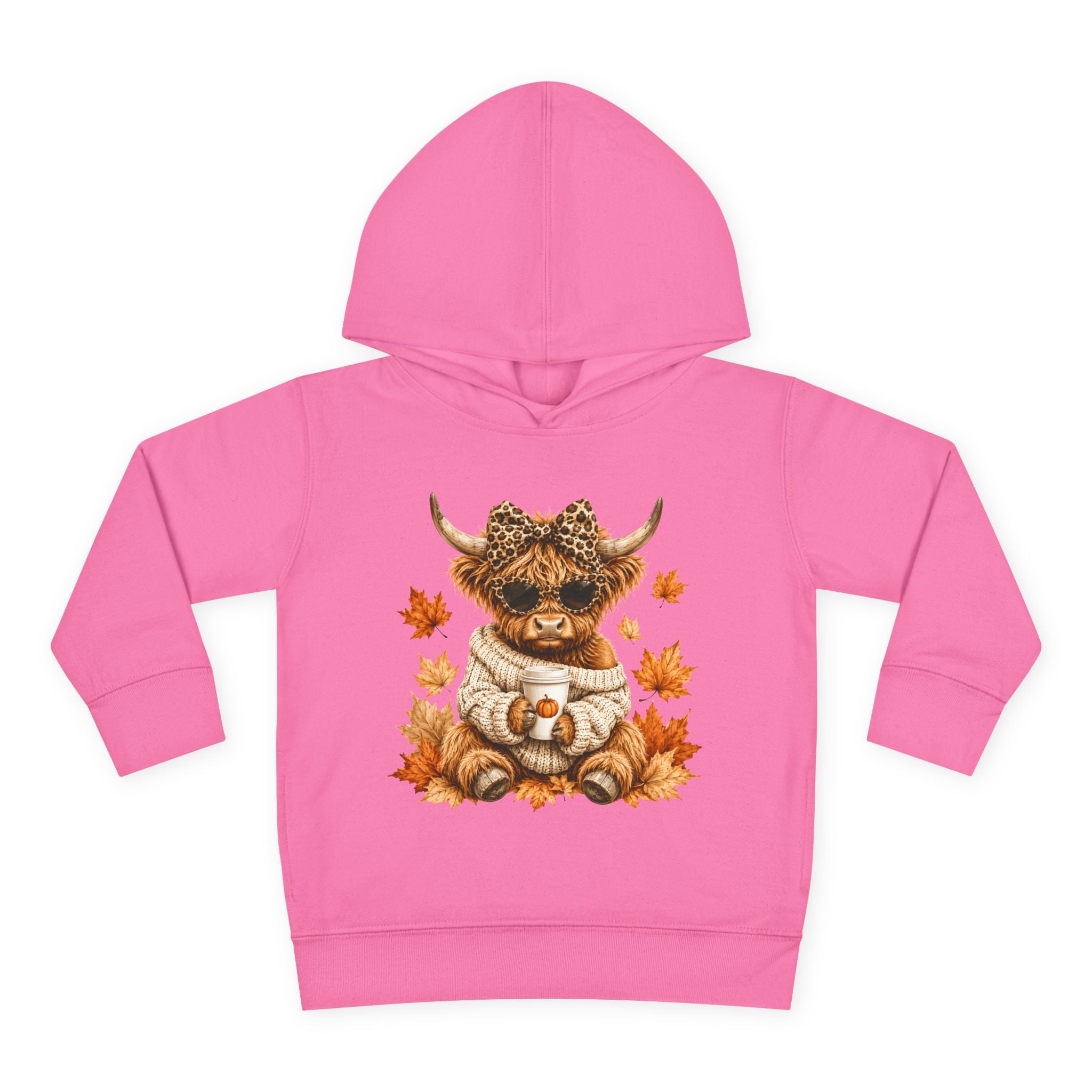 Toddler Hoodie — Autumn Highland Cow in Cozy Sweater (Fall Leaves)