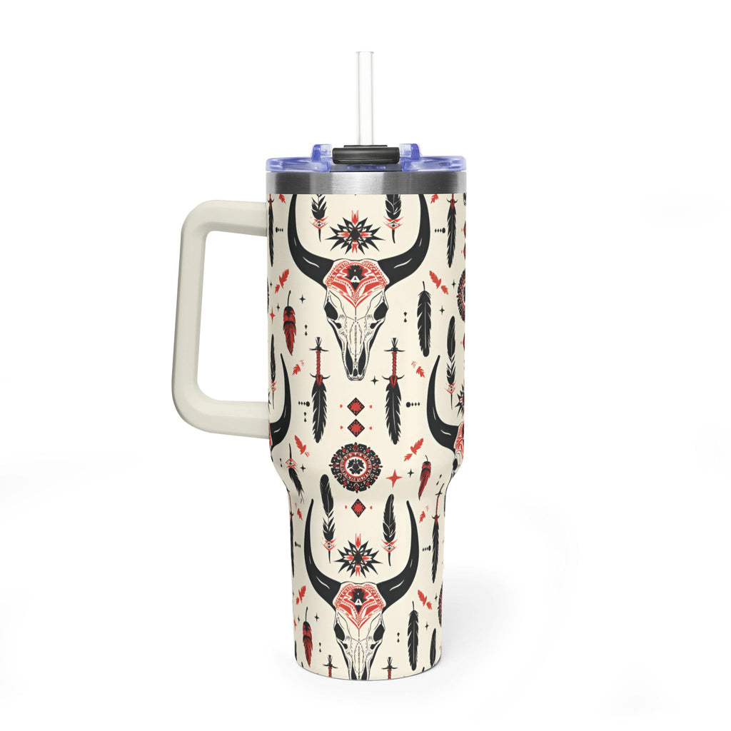 40oz Western Skull Tumbler — Boho Cow Skull & Feathers Vacuum Travel Mug
