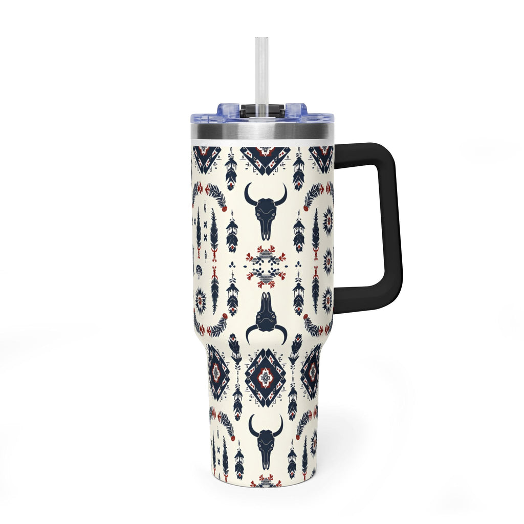 40oz Western Aztec Tumbler - Vacuum Insulated Travel Mug with Bull Skull Pattern