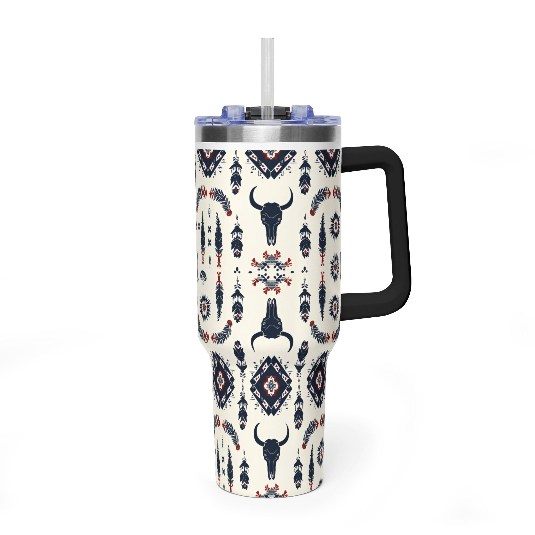 40oz Western Aztec Tumbler - Vacuum Insulated Travel Mug with Bull Skull Pattern