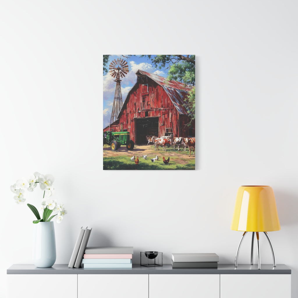 Rustic Red Barn Farm Canvas Print — Country Tractor & Animals Wall Art