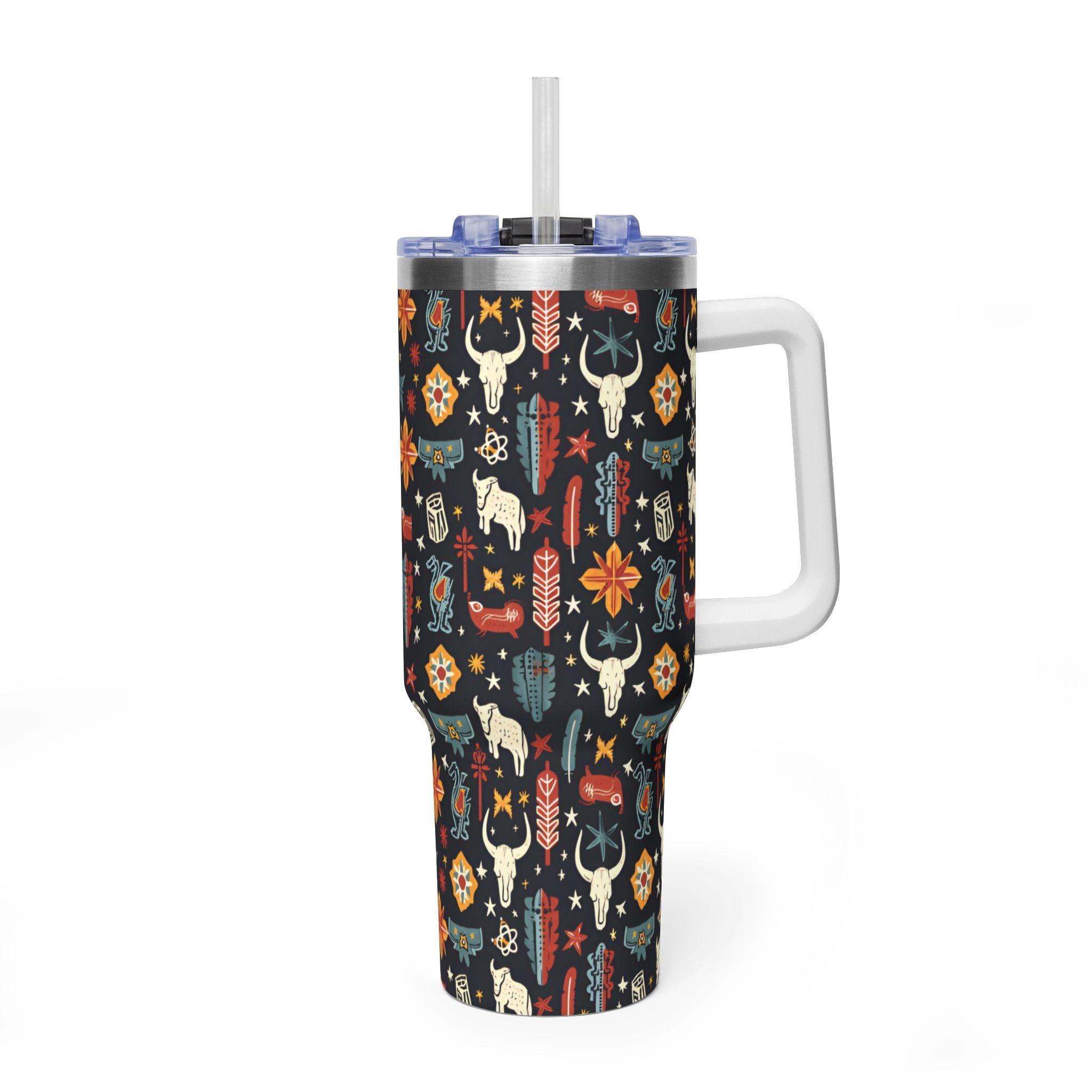 40oz Western Pattern Vacuum Tumbler — Southwestern Cow Skull & Floral Insulated Cup