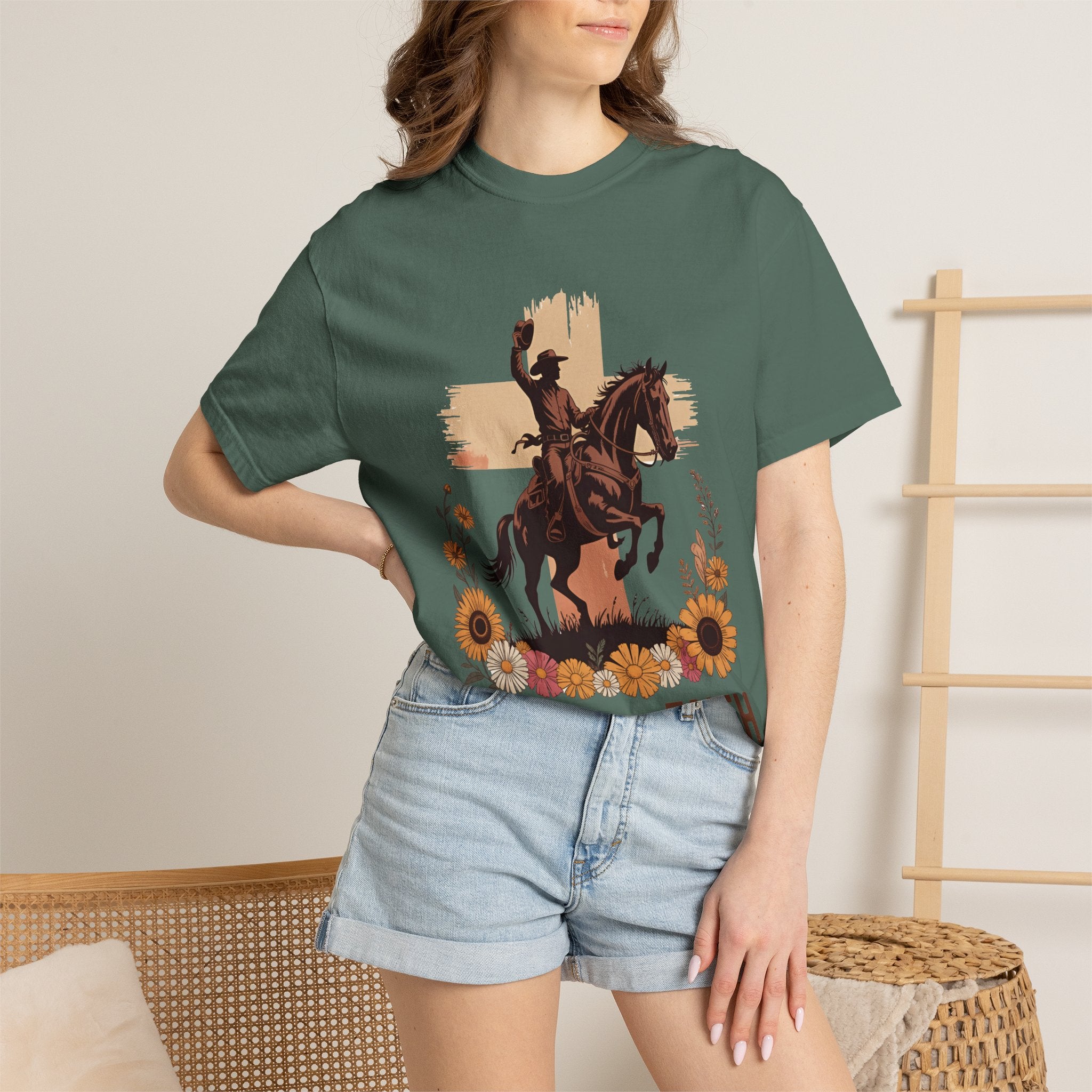 Ride With Faith Cowboy T-Shirt – Western Horse Graphic with Sunflowers