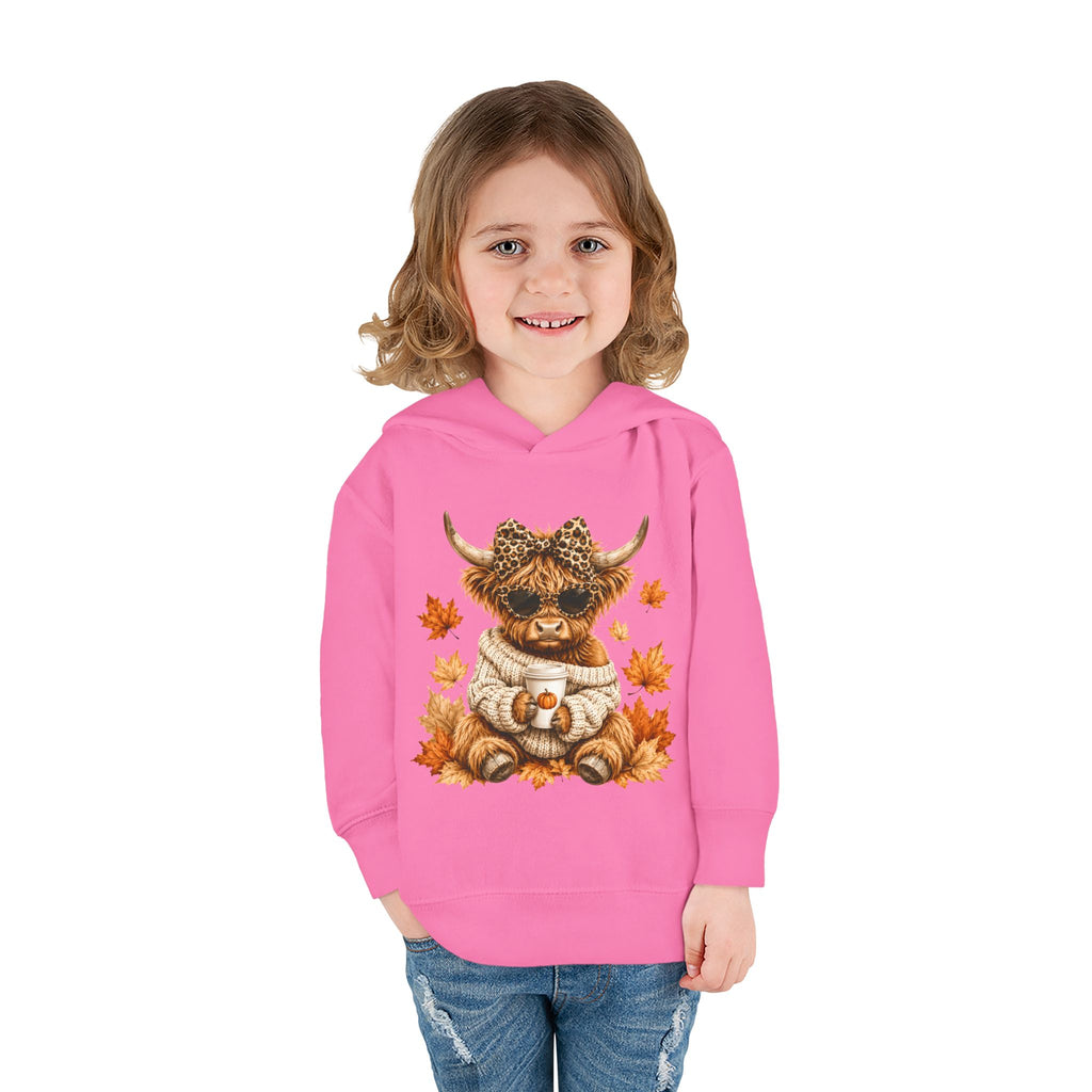 Toddler Hoodie — Autumn Highland Cow in Cozy Sweater (Fall Leaves)