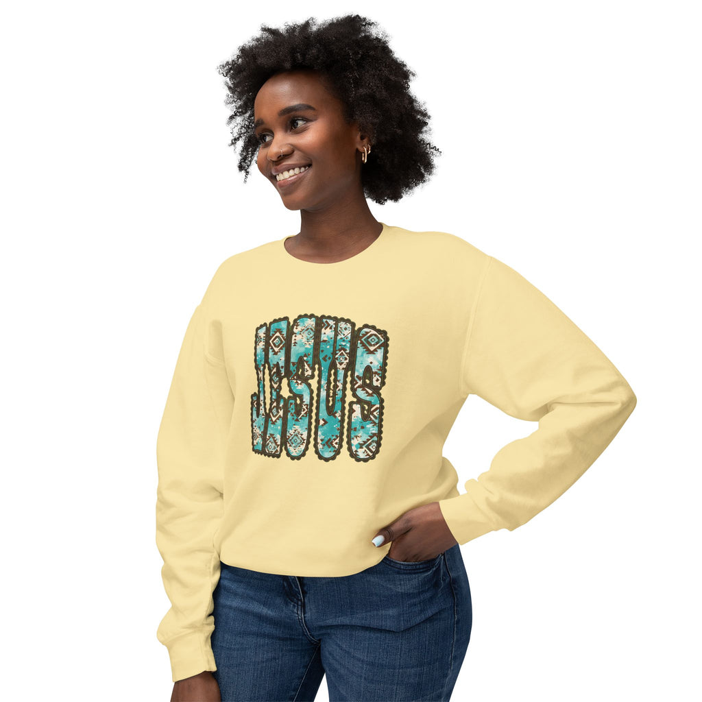 Jesus Floral Crewneck Sweatshirt — Turquoise Boho Faith Pullover