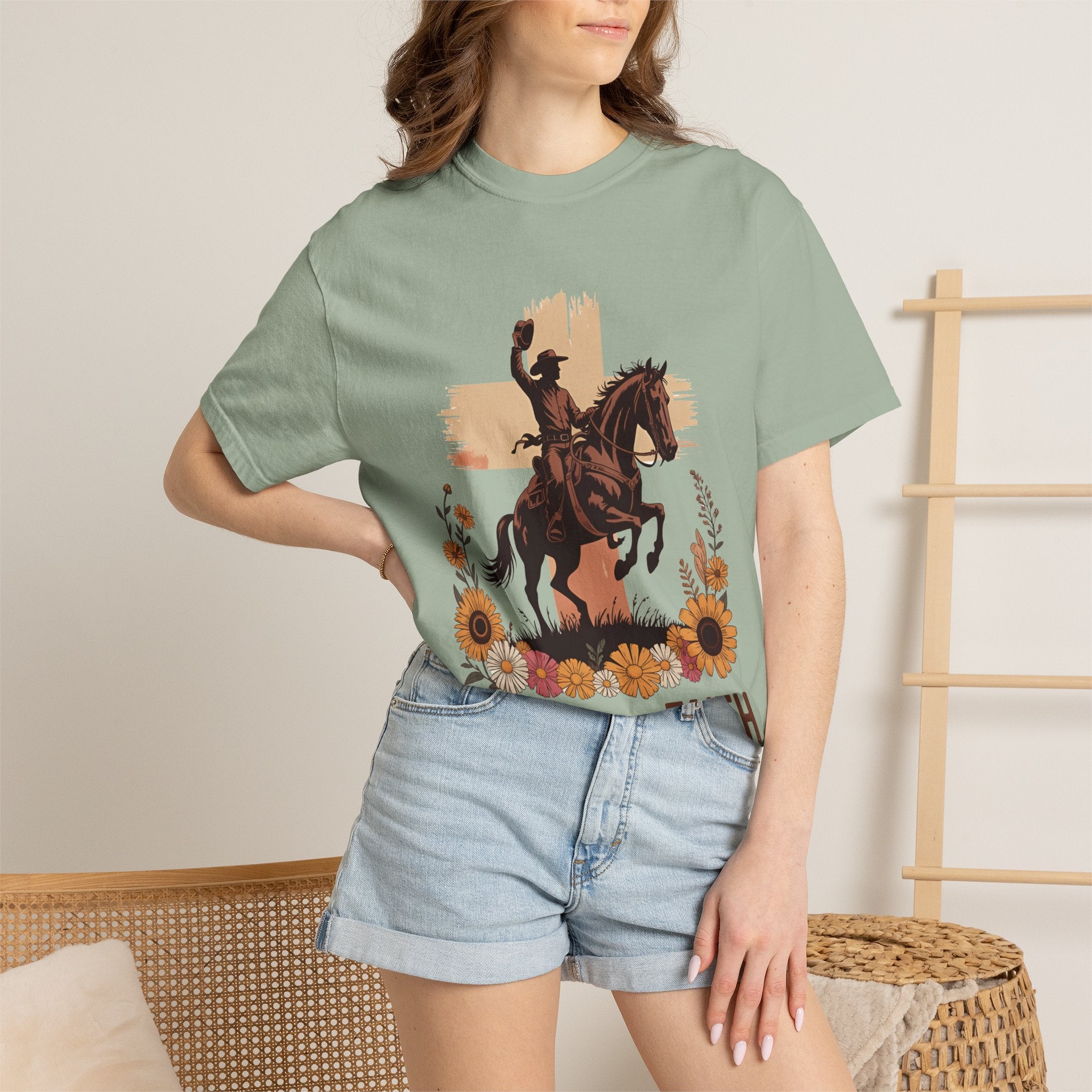 Ride With Faith Cowboy T-Shirt – Western Horse Graphic with Sunflowers