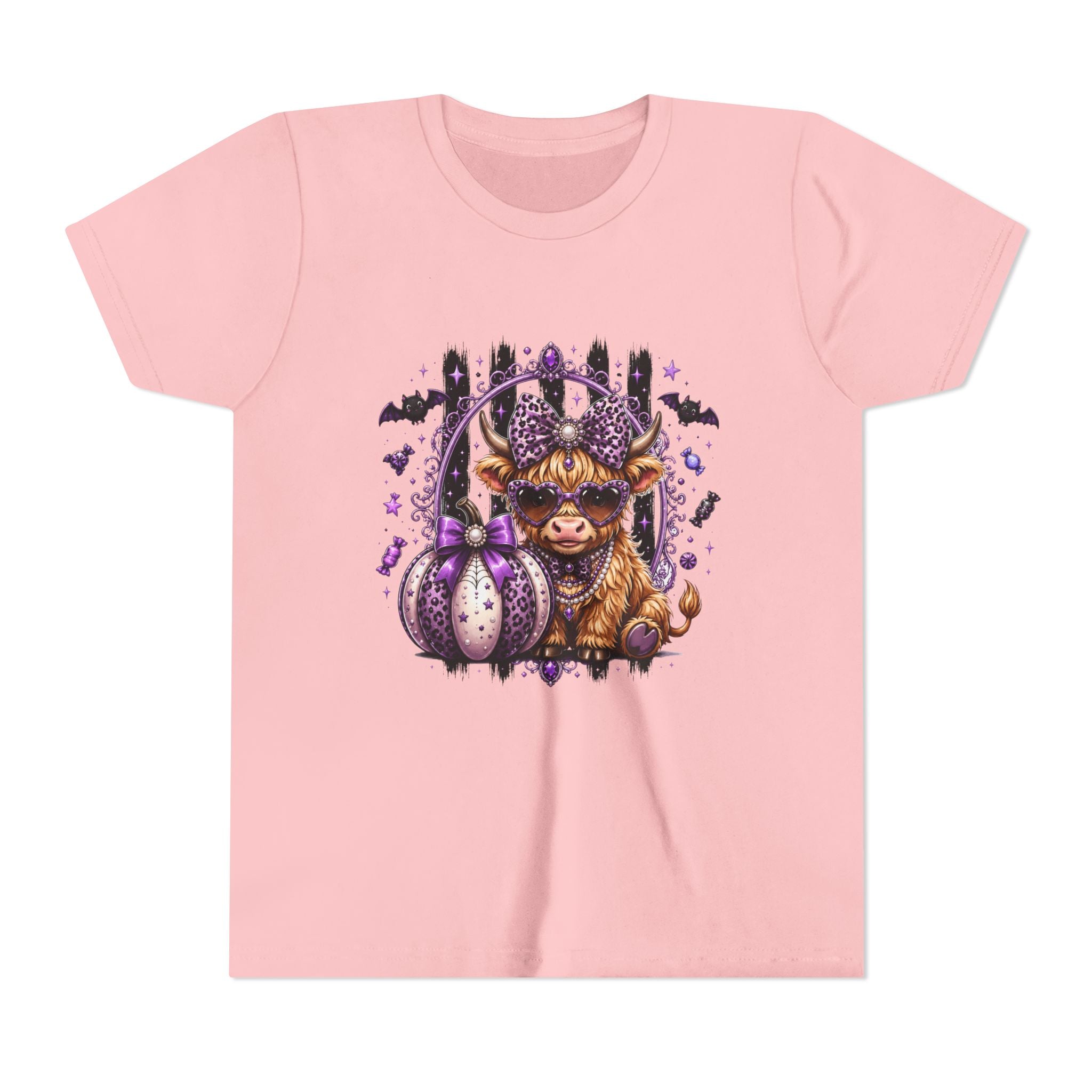 Halloween Highland Cow Youth Tee — Cute Spooky Cow with Purple Pumpkins