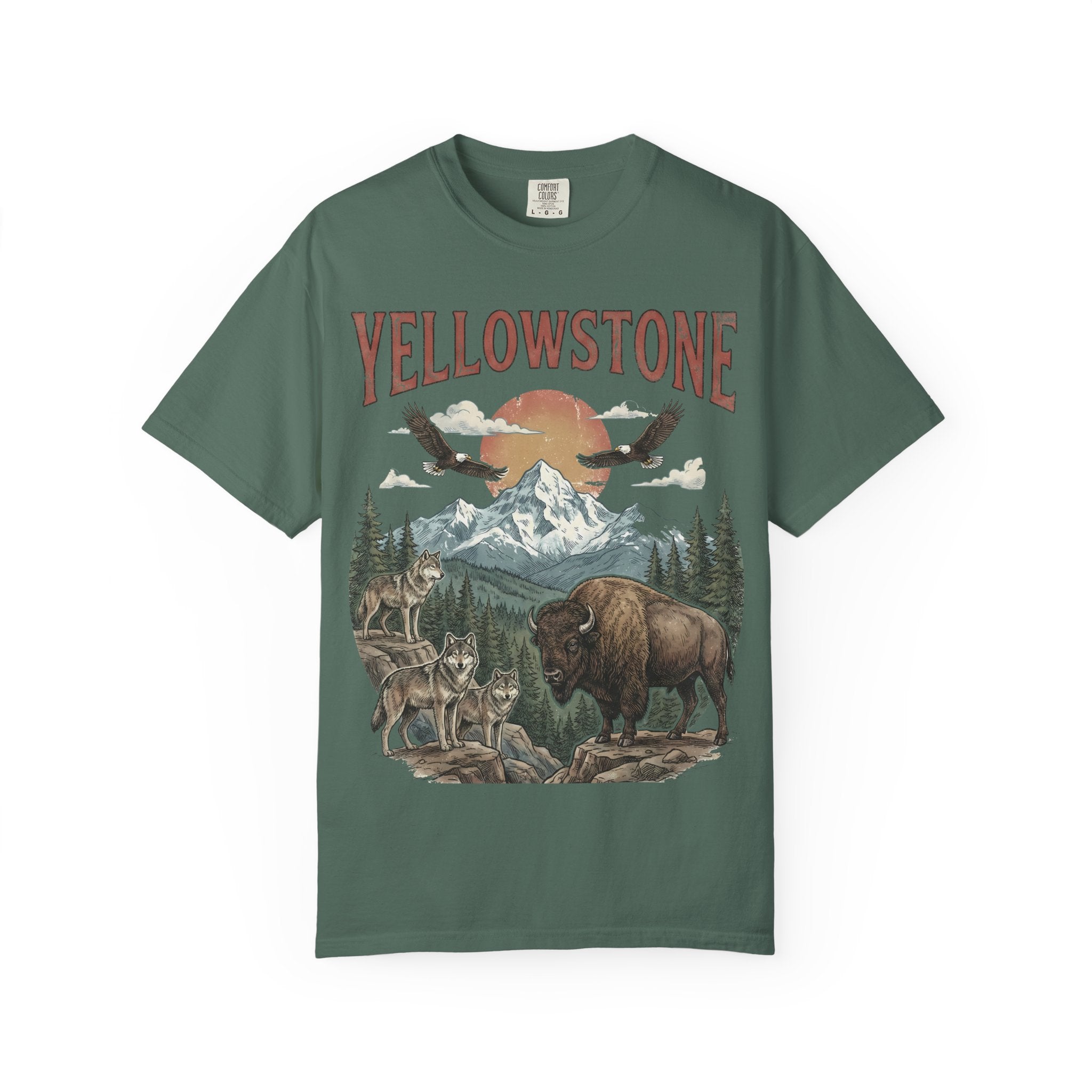 Yellowstone Wildlife Graphic T-Shirt — Vintage Bison, Wolves & Mountain Nature Tee
