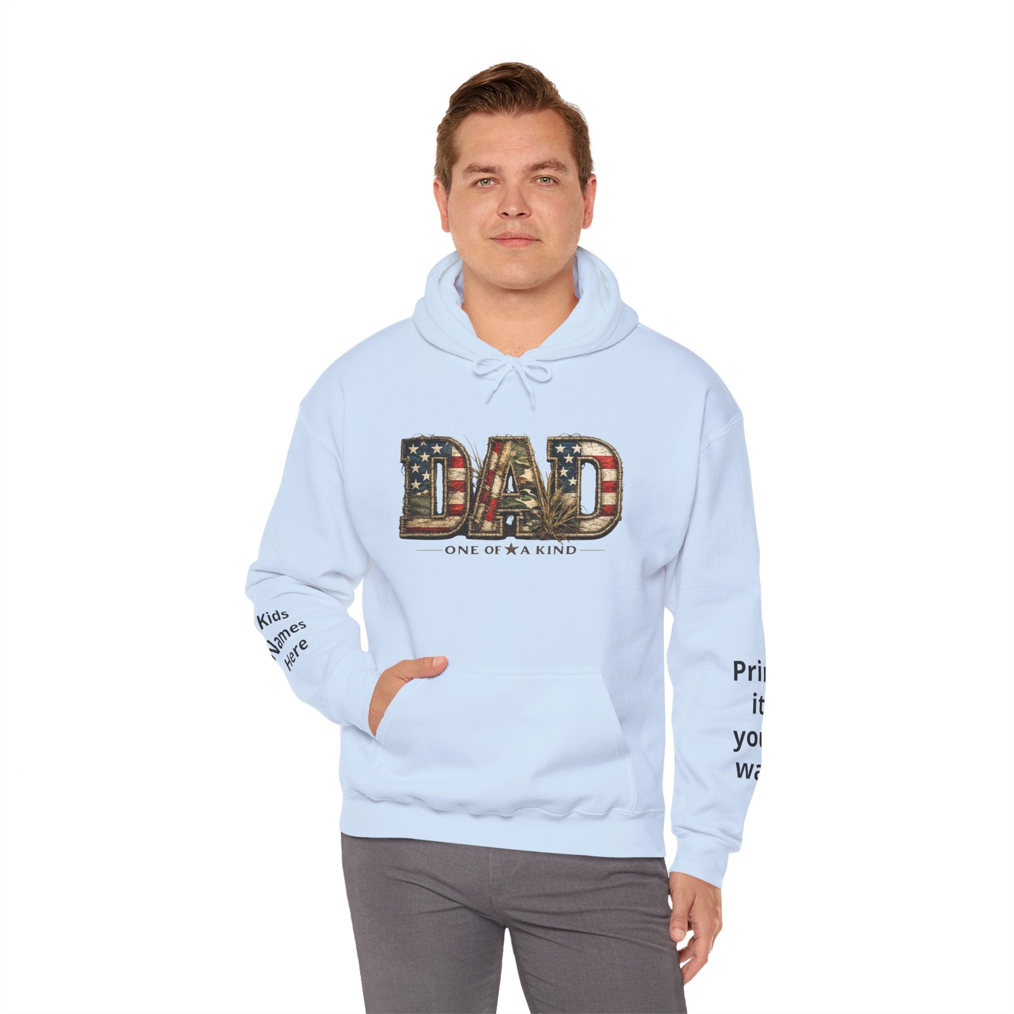 Personalizable Dad One of a Kind Hoodie — American Flag Patriotic Father’s Day Sweatshirt
