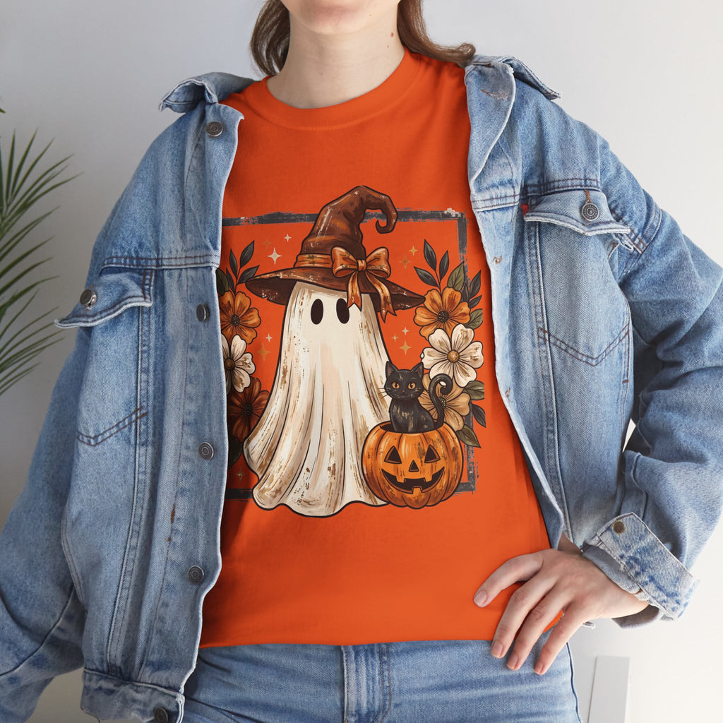 Halloween Ghost Tee — Cute Ghost in Witch Hat with Pumpkin & Flowers