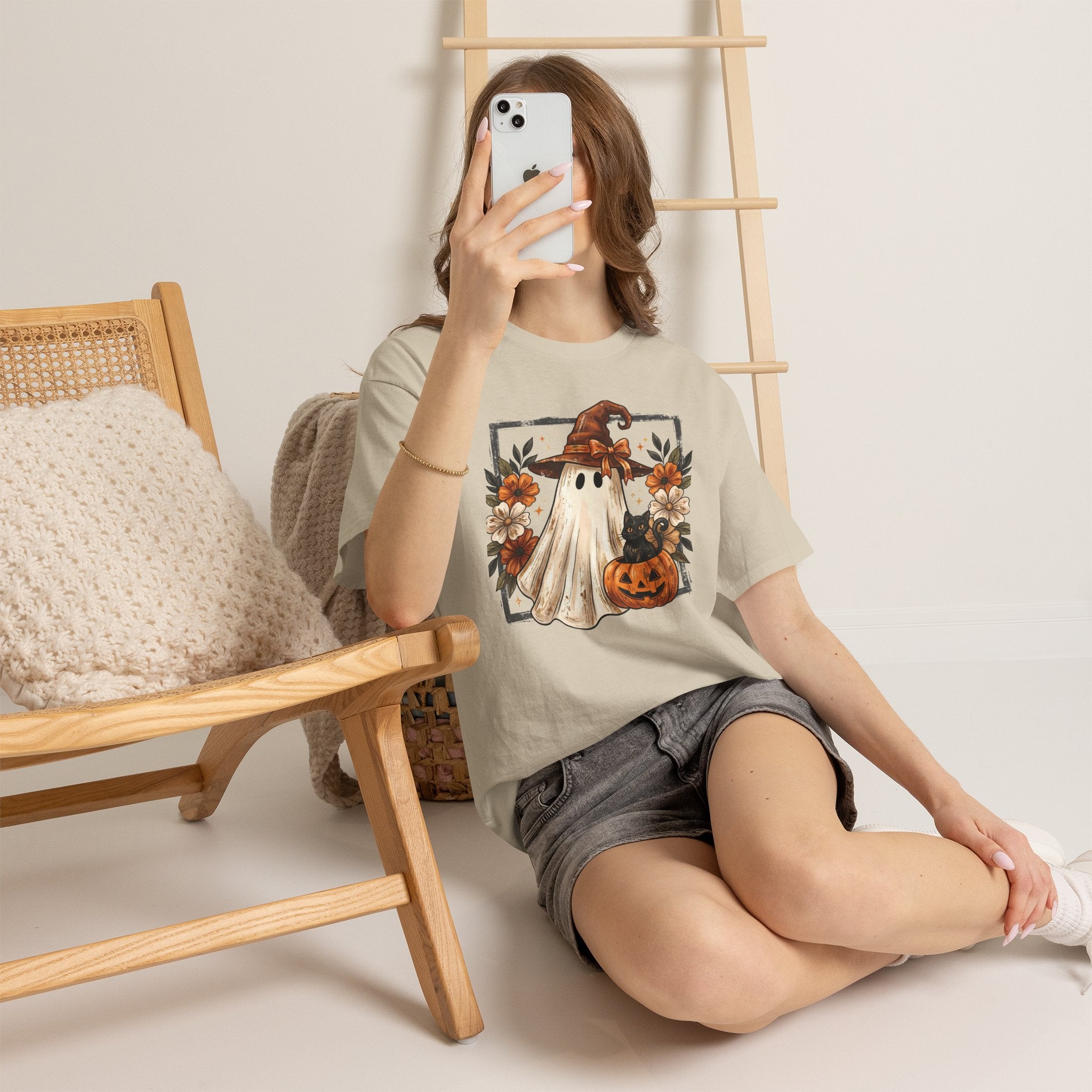Halloween Ghost Tee — Cute Ghost in Witch Hat with Pumpkin & Flowers
